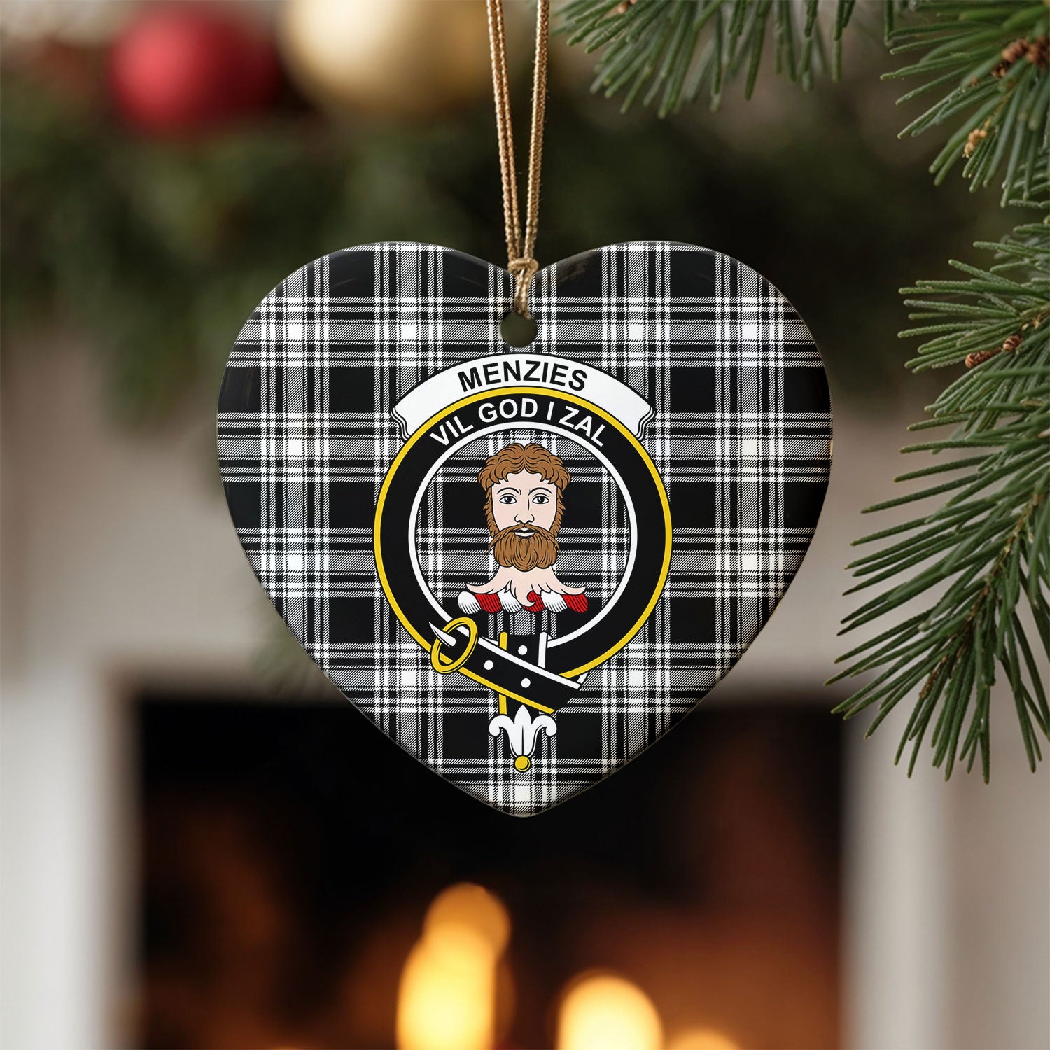 Menzies Black - White Modern Tartan Crest Christmas Ceramic Ornament