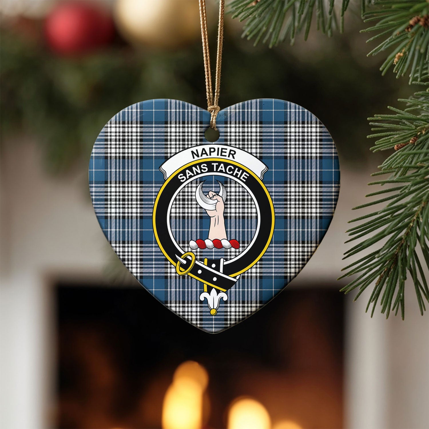Napier Modern Tartan Crest Christmas Ceramic Ornament