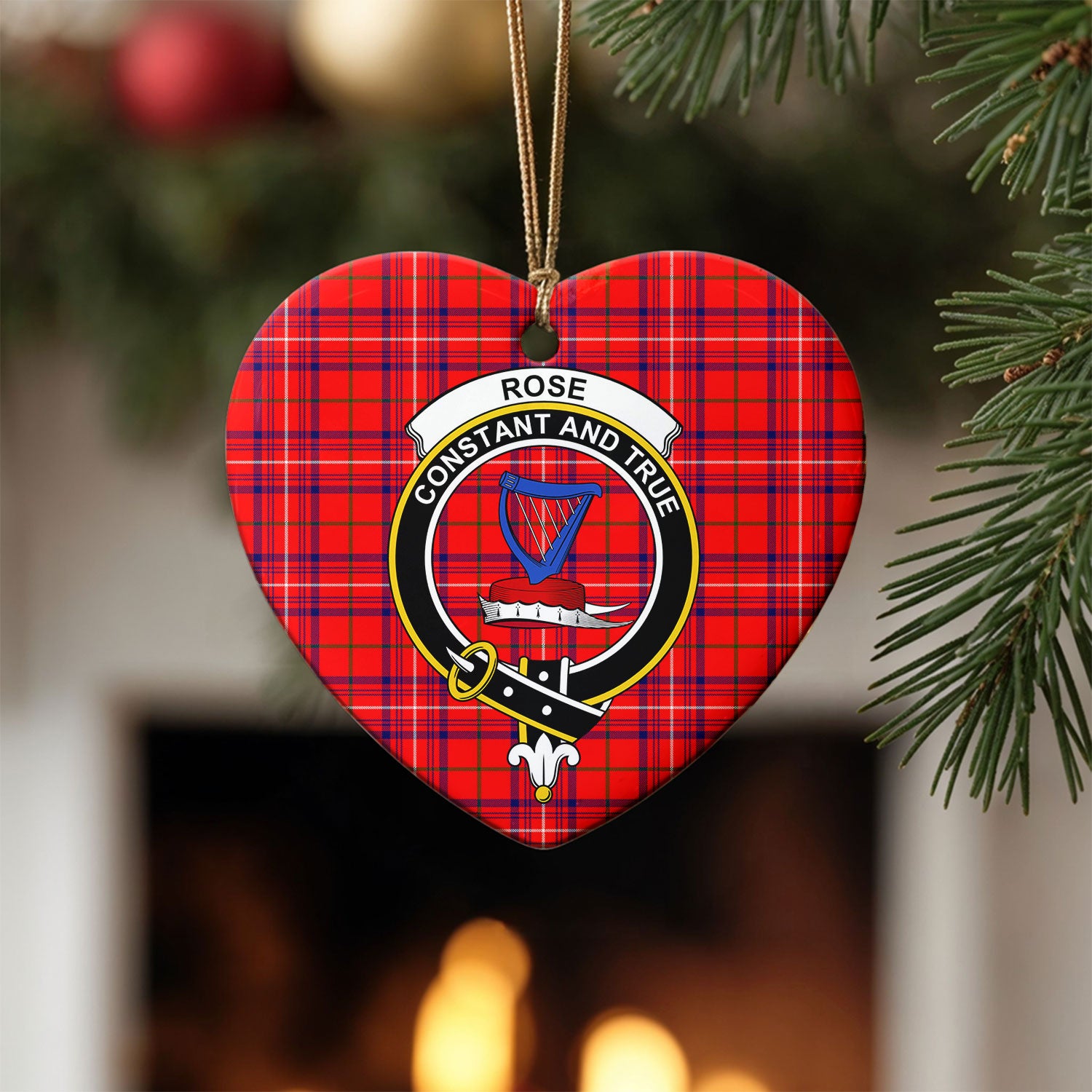 Rose Modern Tartan Crest Christmas Ceramic Ornament