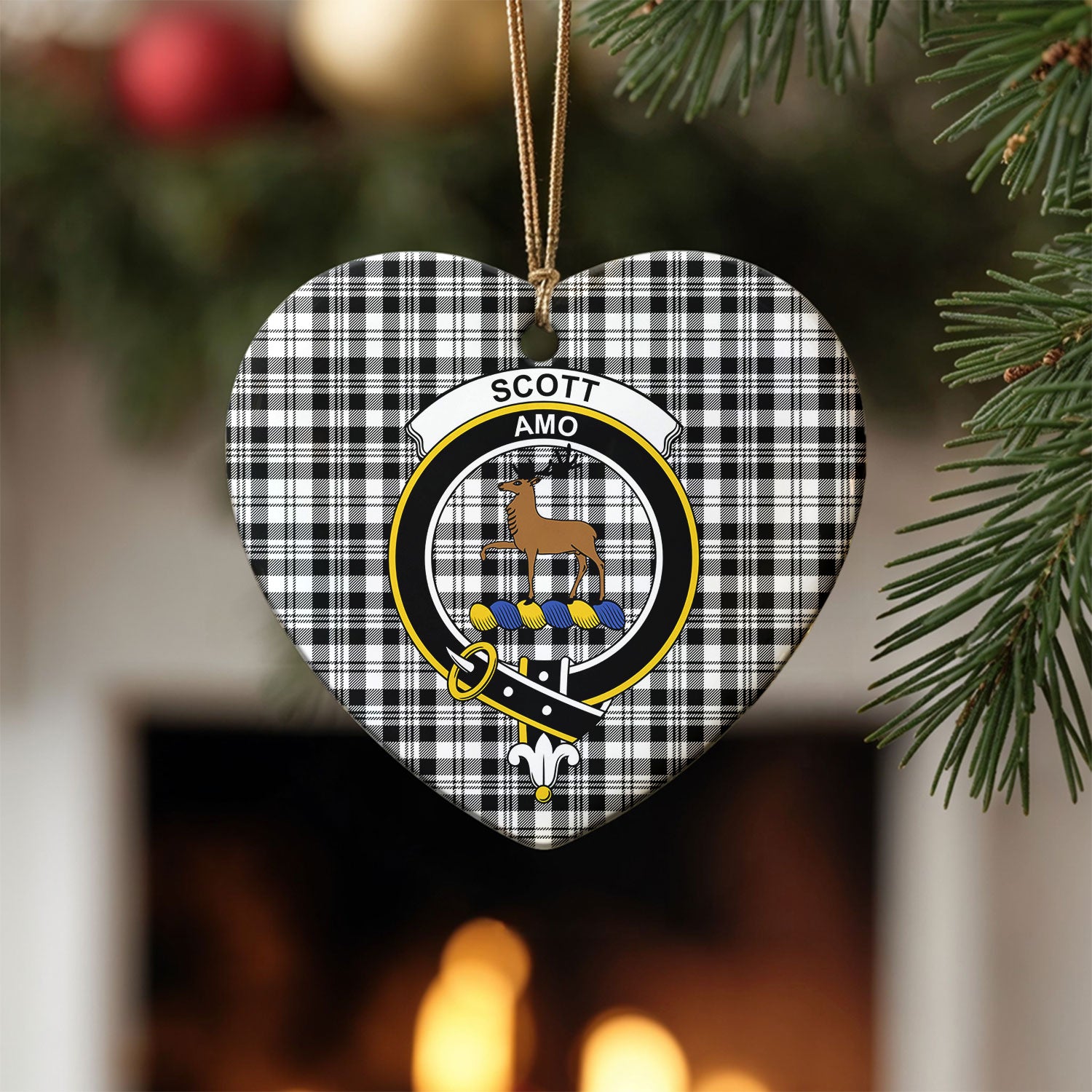 Scott Black & White Modern Tartan Crest Christmas Ceramic Ornament