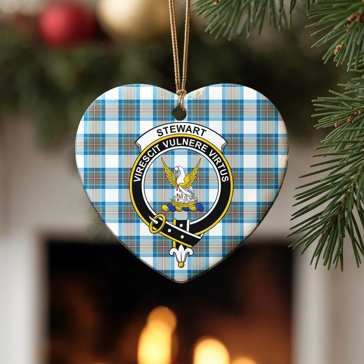 Stewart Muted Blue Tartan Crest Christmas Ceramic Ornament