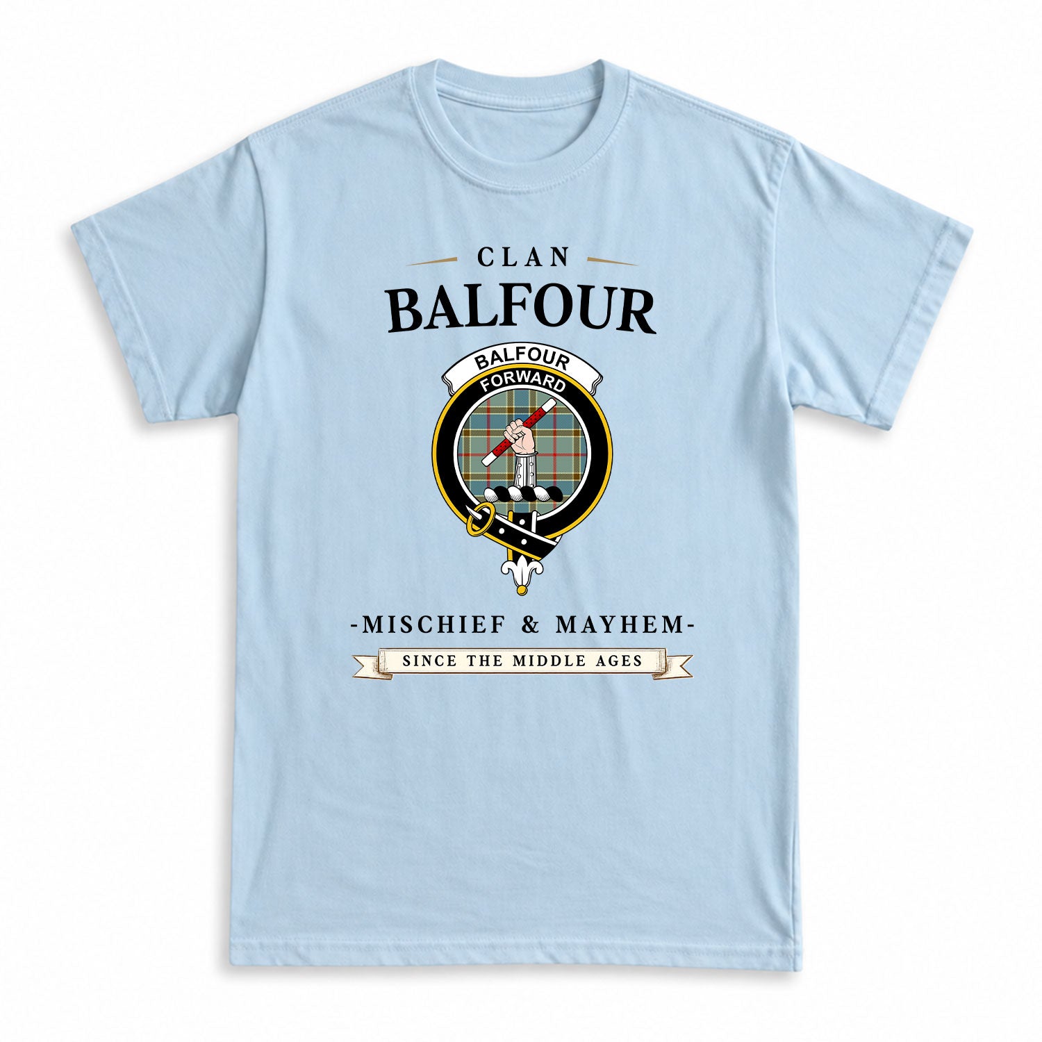 Balfour Blue Tartan Crest Mischief and Mayhem T-shirt