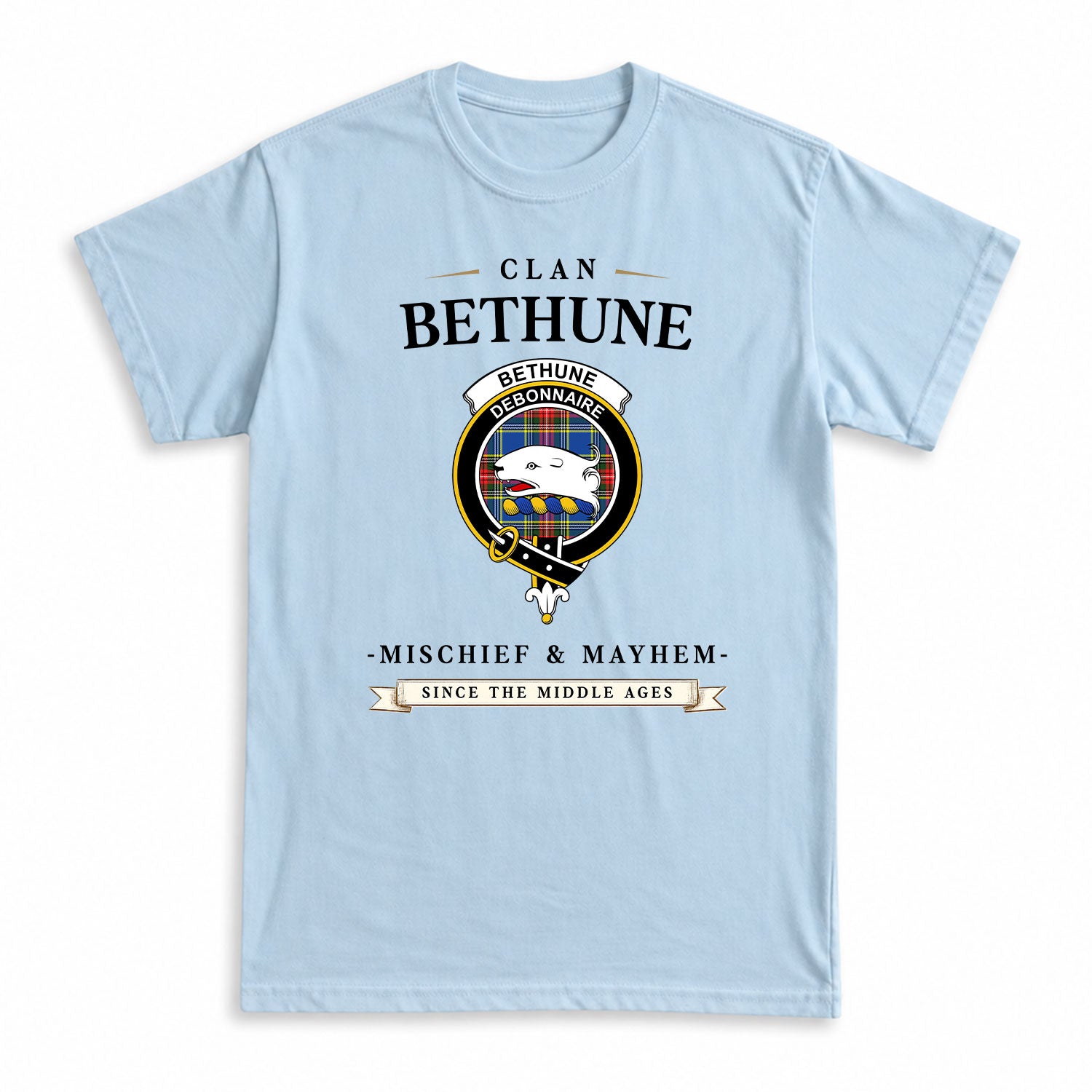 Bethune Modern Tartan Crest Mischief and Mayhem T-shirt