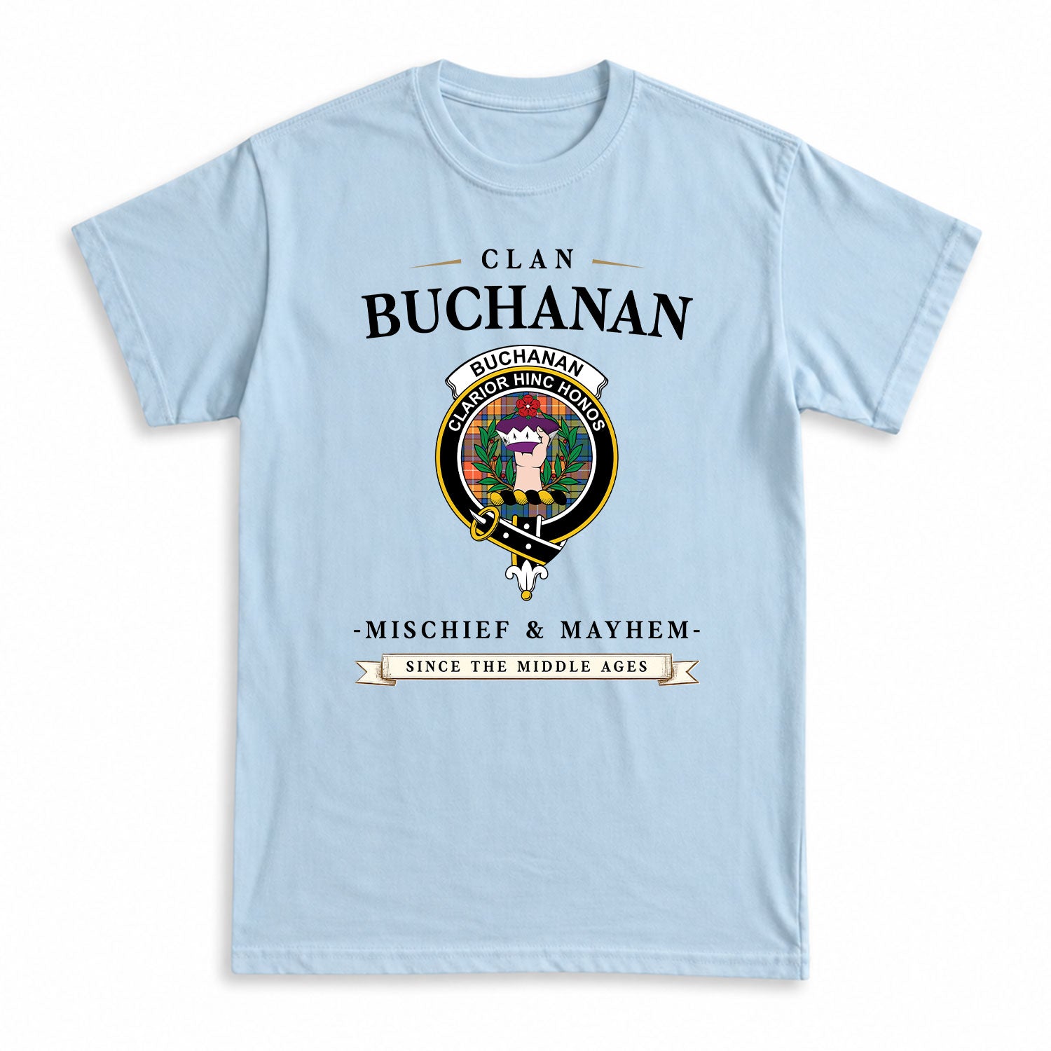 Buchanan Ancient Tartan Crest Mischief and Mayhem T-shirt