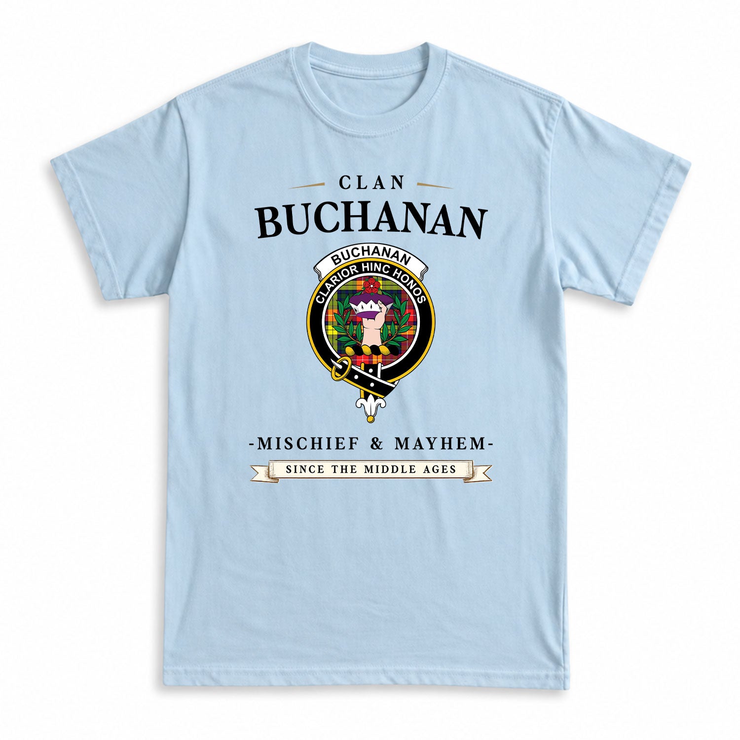 Buchanan Modern Tartan Crest Mischief and Mayhem T-shirt