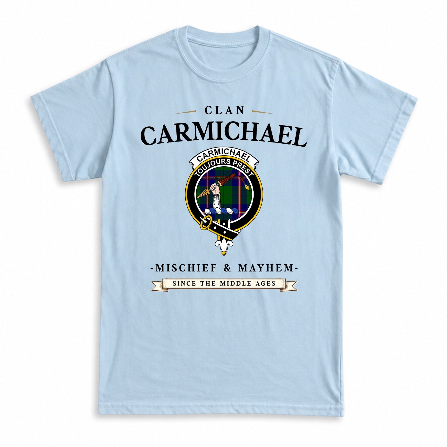 Carmichael Modern Tartan Crest Mischief and Mayhem T-shirt