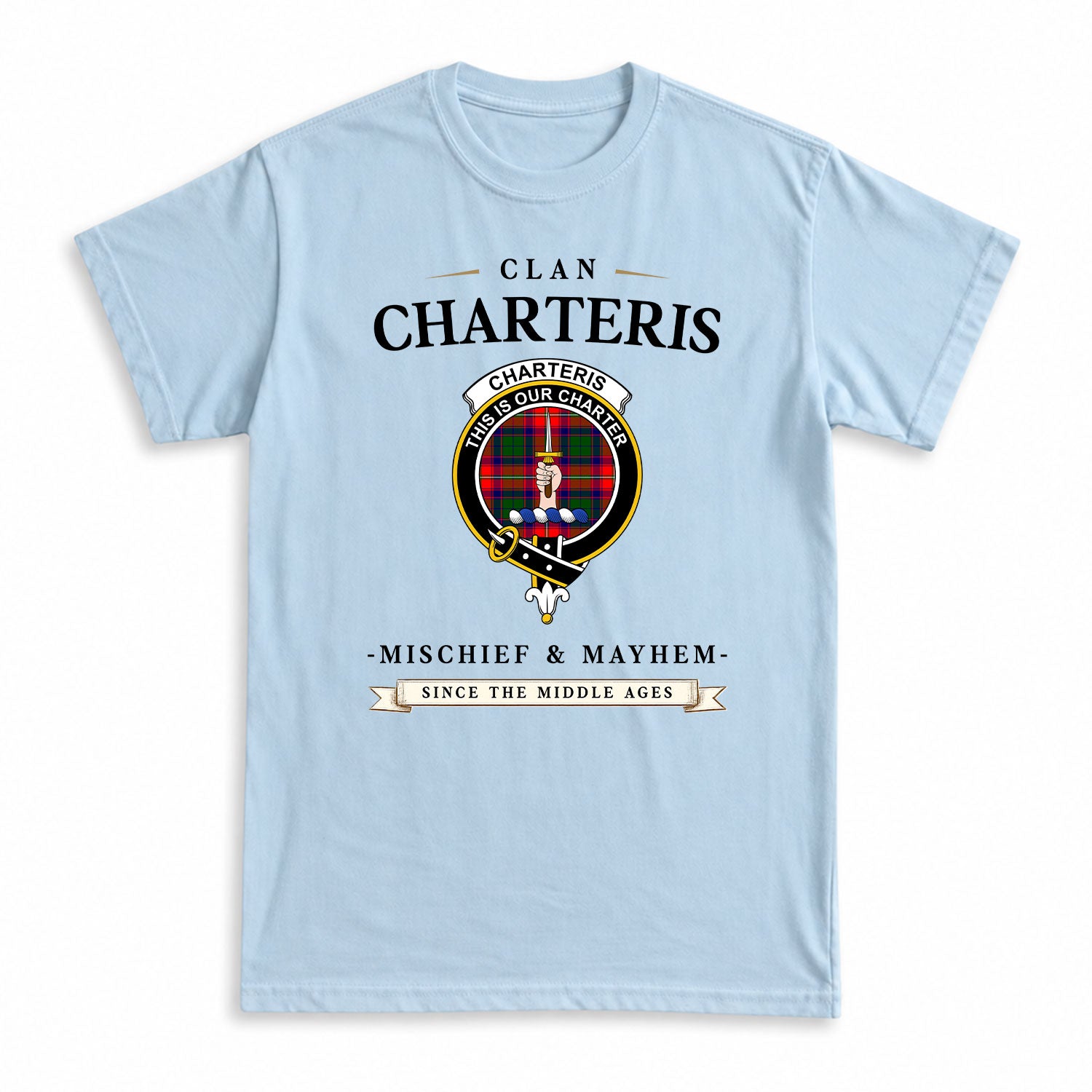 Charteris (Earl of Wemyss) Tartan Crest Mischief and Mayhem T-shirt