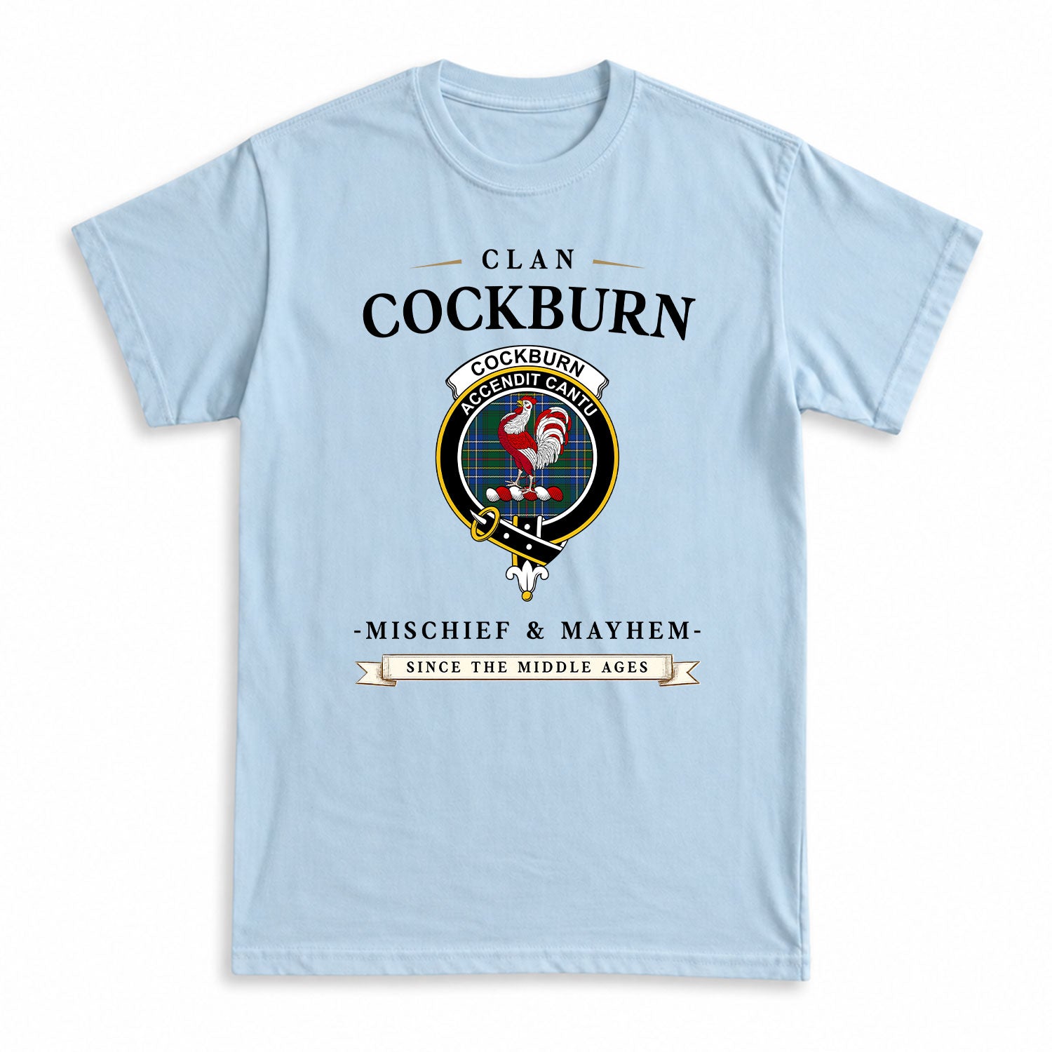 Cockburn Ancient Tartan Crest Mischief and Mayhem T-shirt