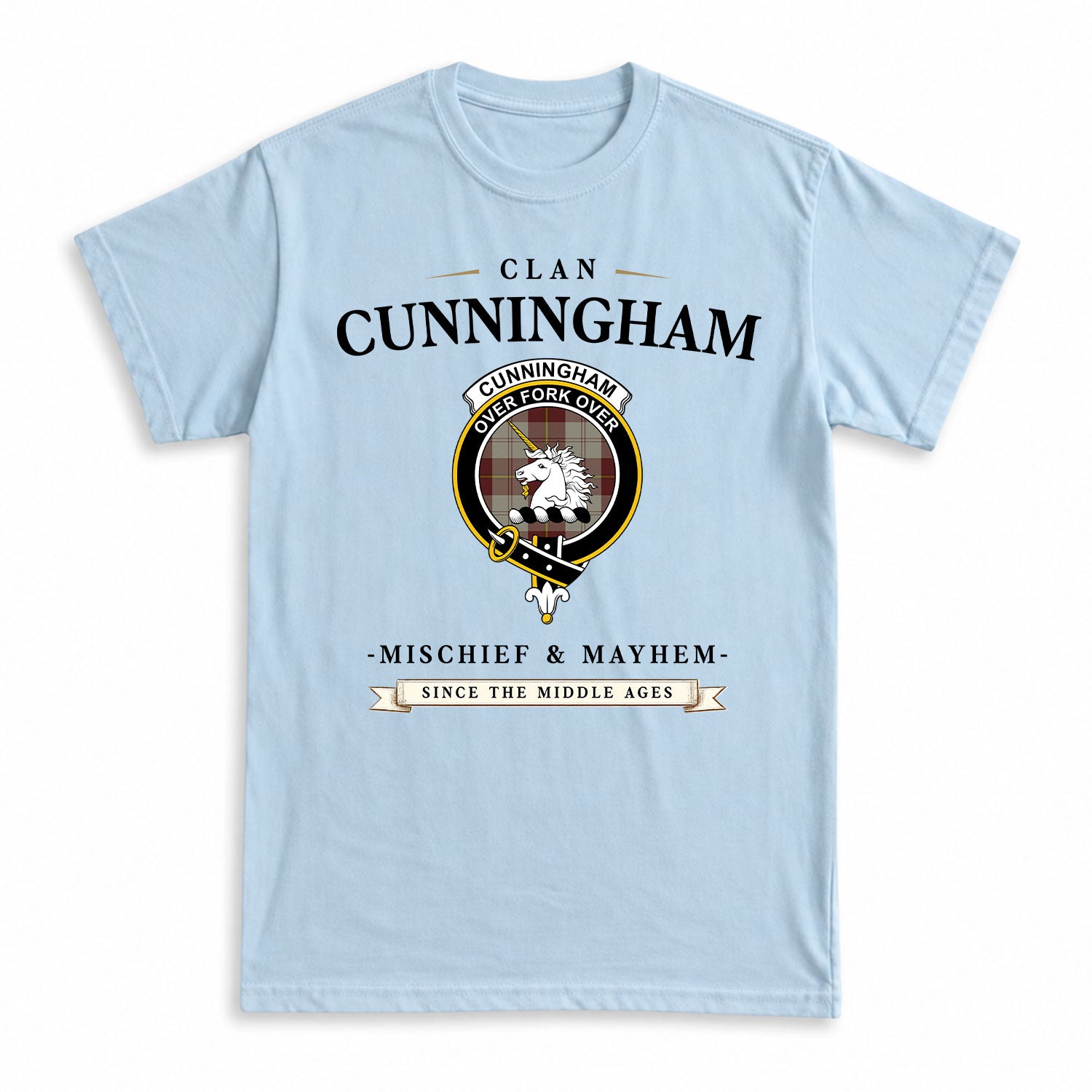 Cunningham Burgundy Dancers Tartan Crest Mischief and Mayhem T-shirt