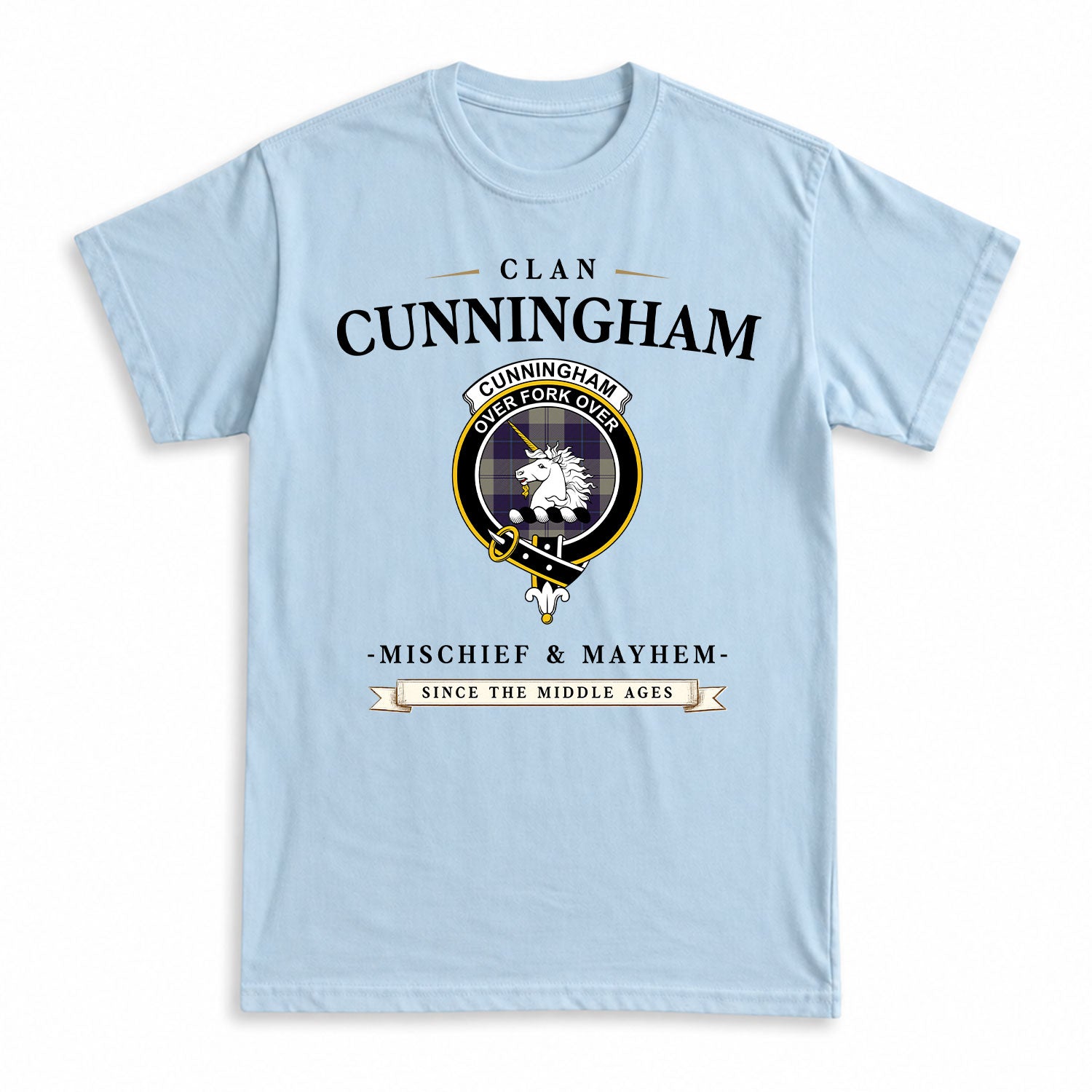 Cunningham Dress Blue Dancers Tartan Crest Mischief and Mayhem T-shirt