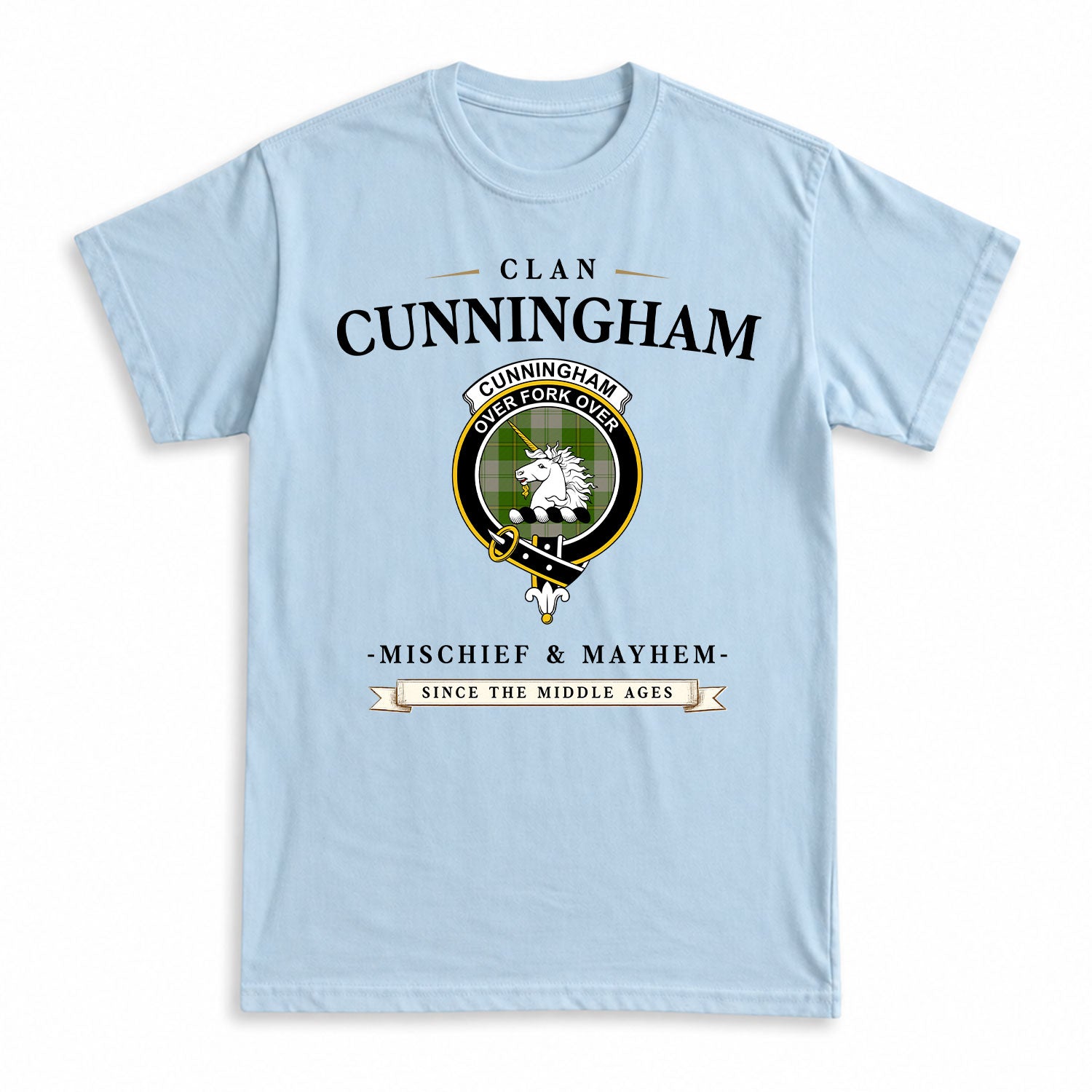 Cunningham Dress Green Dancers Tartan Crest Mischief and Mayhem T-shirt