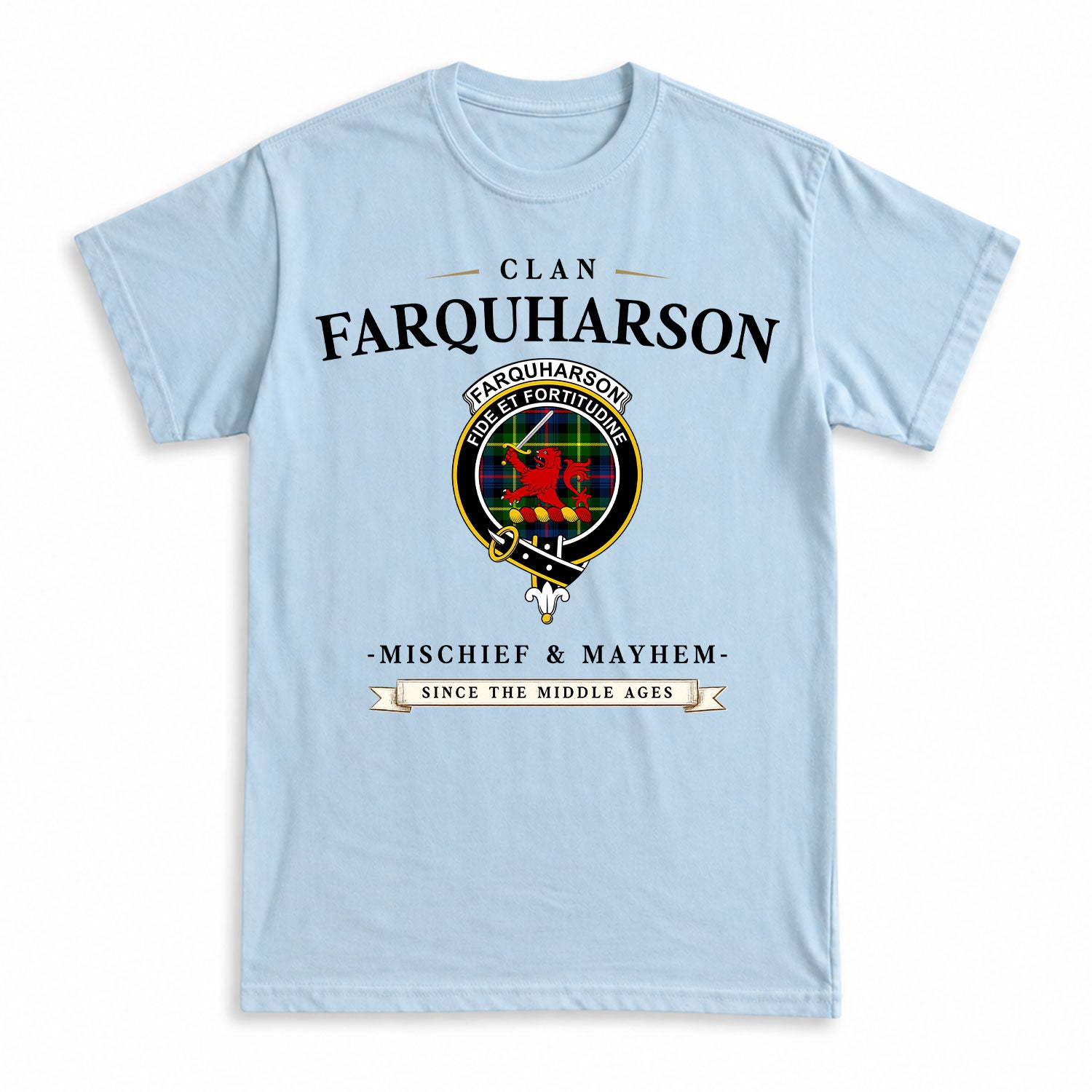 Farquharson Modern Tartan Crest Mischief and Mayhem T-shirt