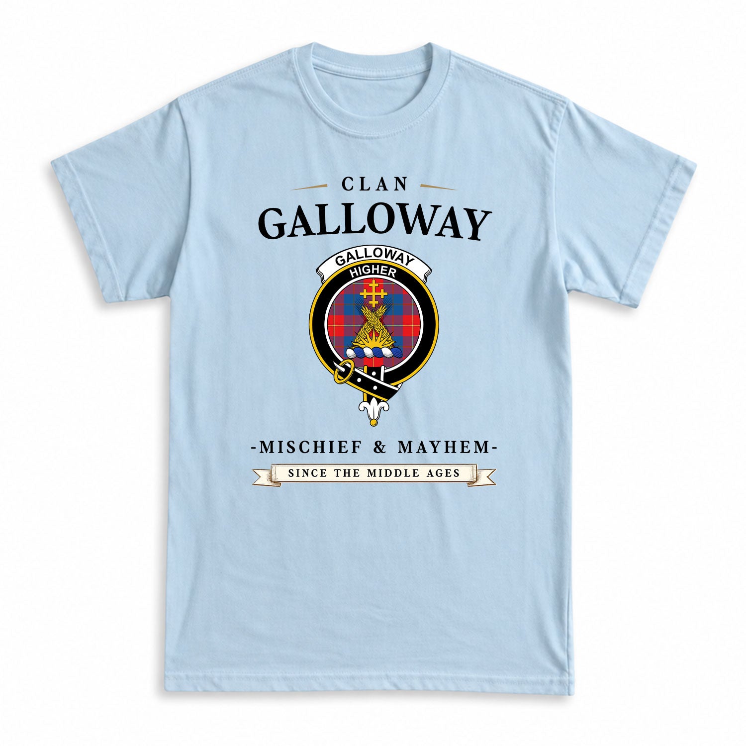 Galloway Red Tartan Crest Mischief and Mayhem T-shirt