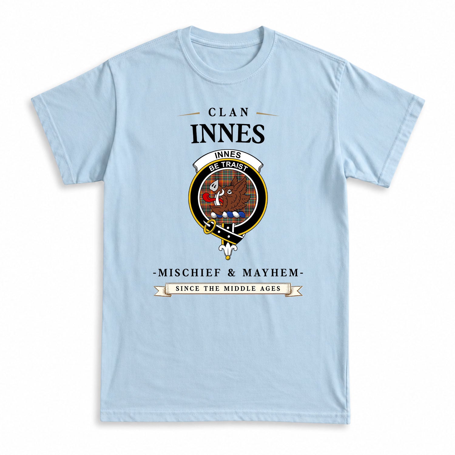 Innes Ancient Tartan Crest Mischief and Mayhem T-shirt