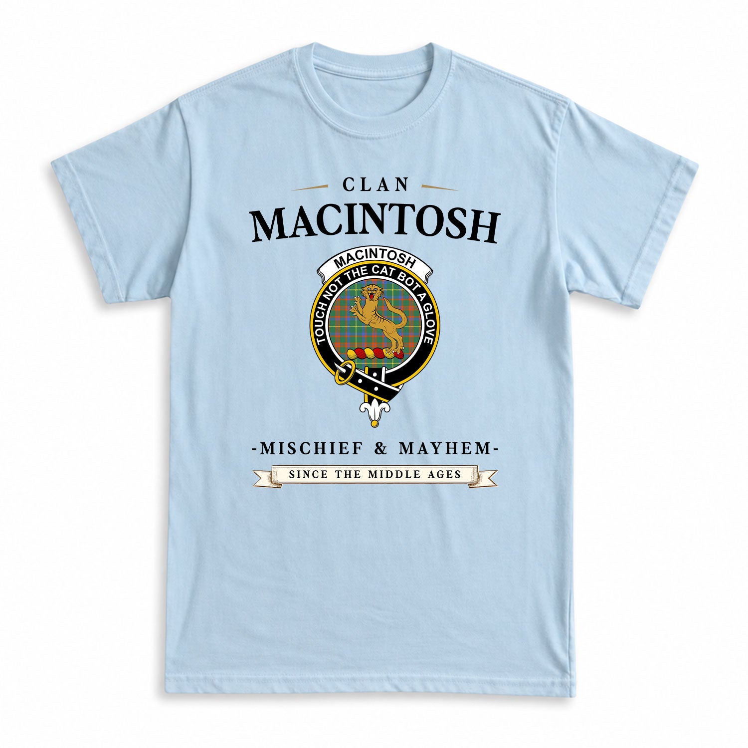 MacIntosh Hunting Ancient Tartan Crest Mischief and Mayhem T-shirt
