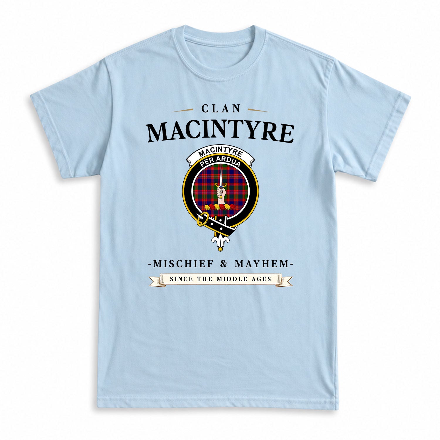 MacIntyre Modern Tartan Crest Mischief and Mayhem T-shirt