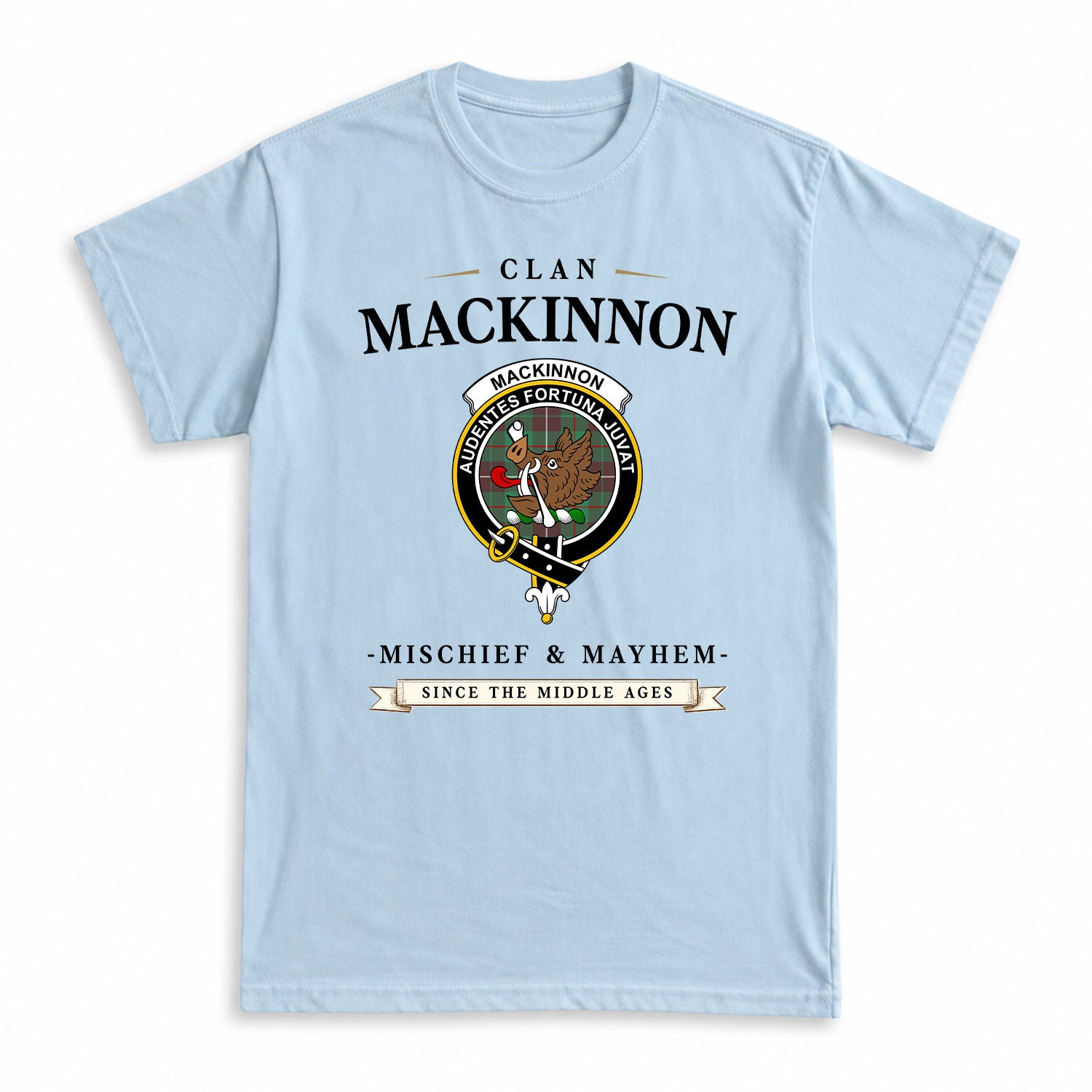 MacKinnon Hunting Ancient Tartan Crest Mischief and Mayhem T-shirt