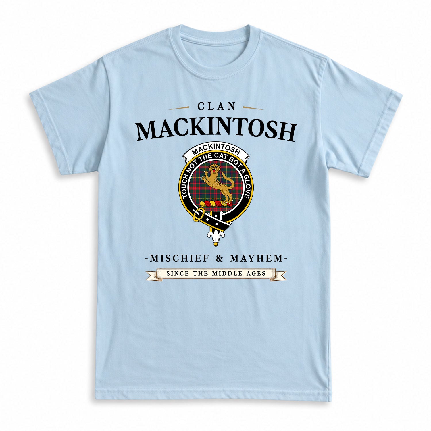 MacKintosh Hunting Modern Tartan Crest Mischief and Mayhem T-shirt