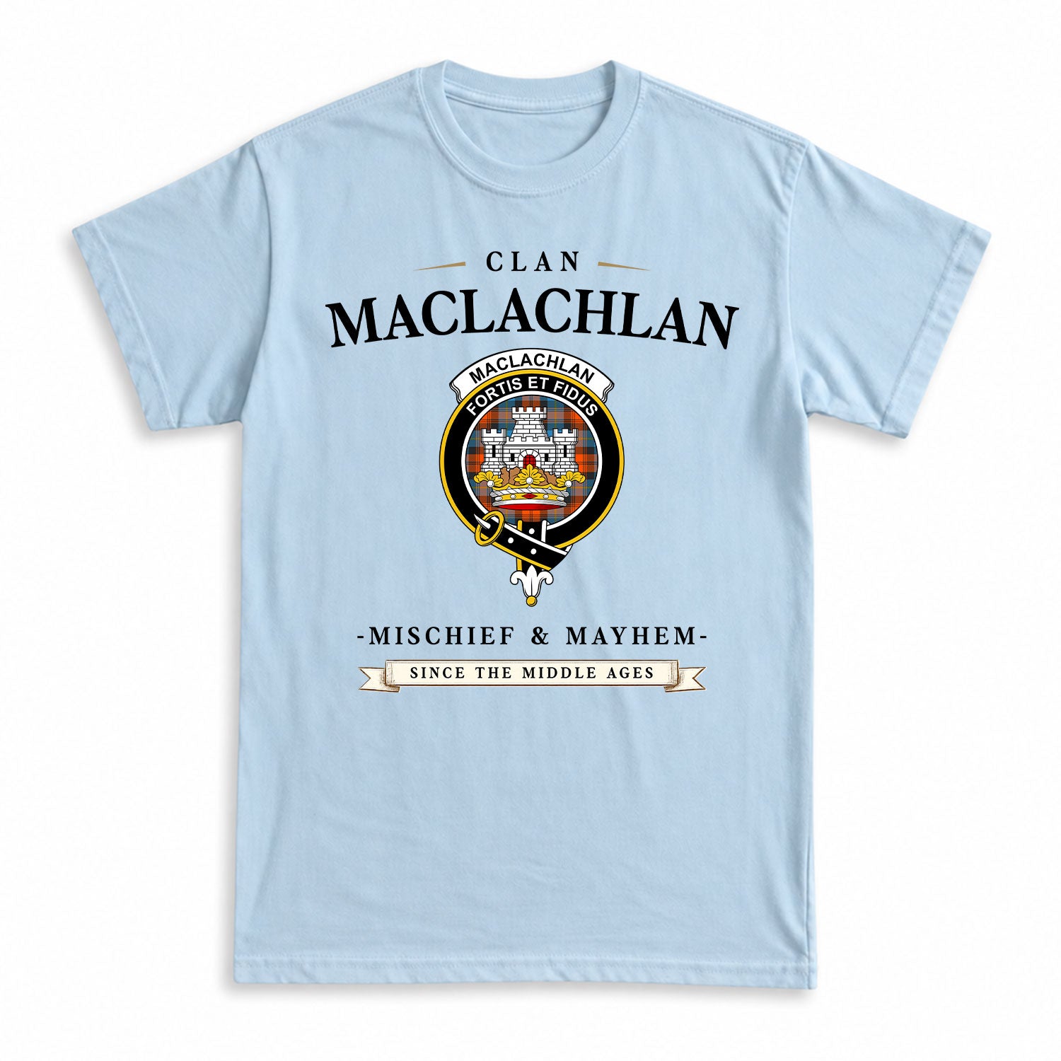 MacLachlan Ancient Tartan Crest Mischief and Mayhem T-shirt