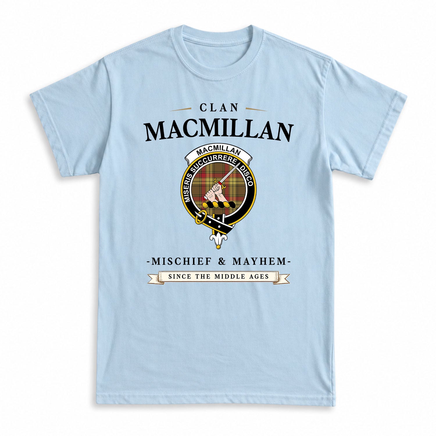 MacMillan Old Weathered Tartan Crest Mischief and Mayhem T-shirt