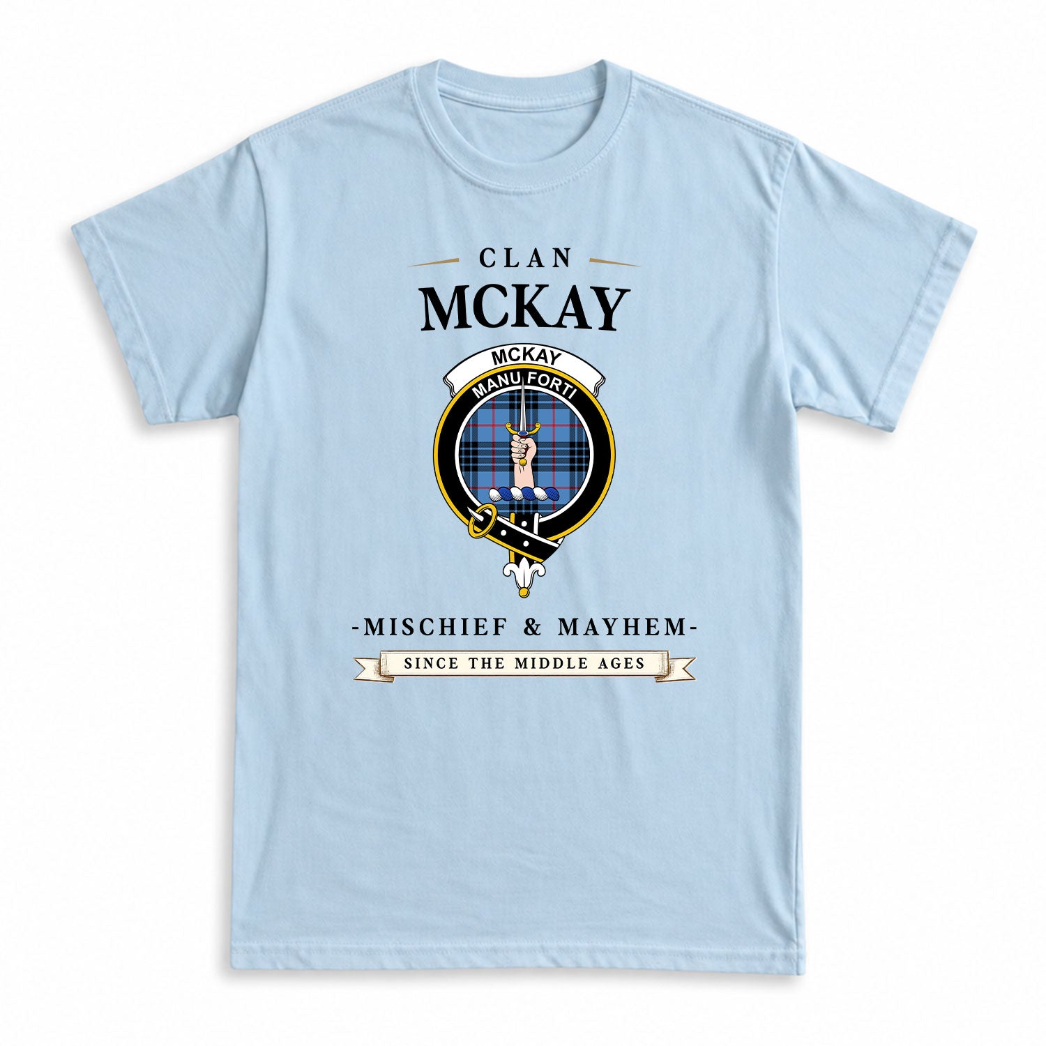McKay Blue Tartan Crest Mischief and Mayhem T-shirt