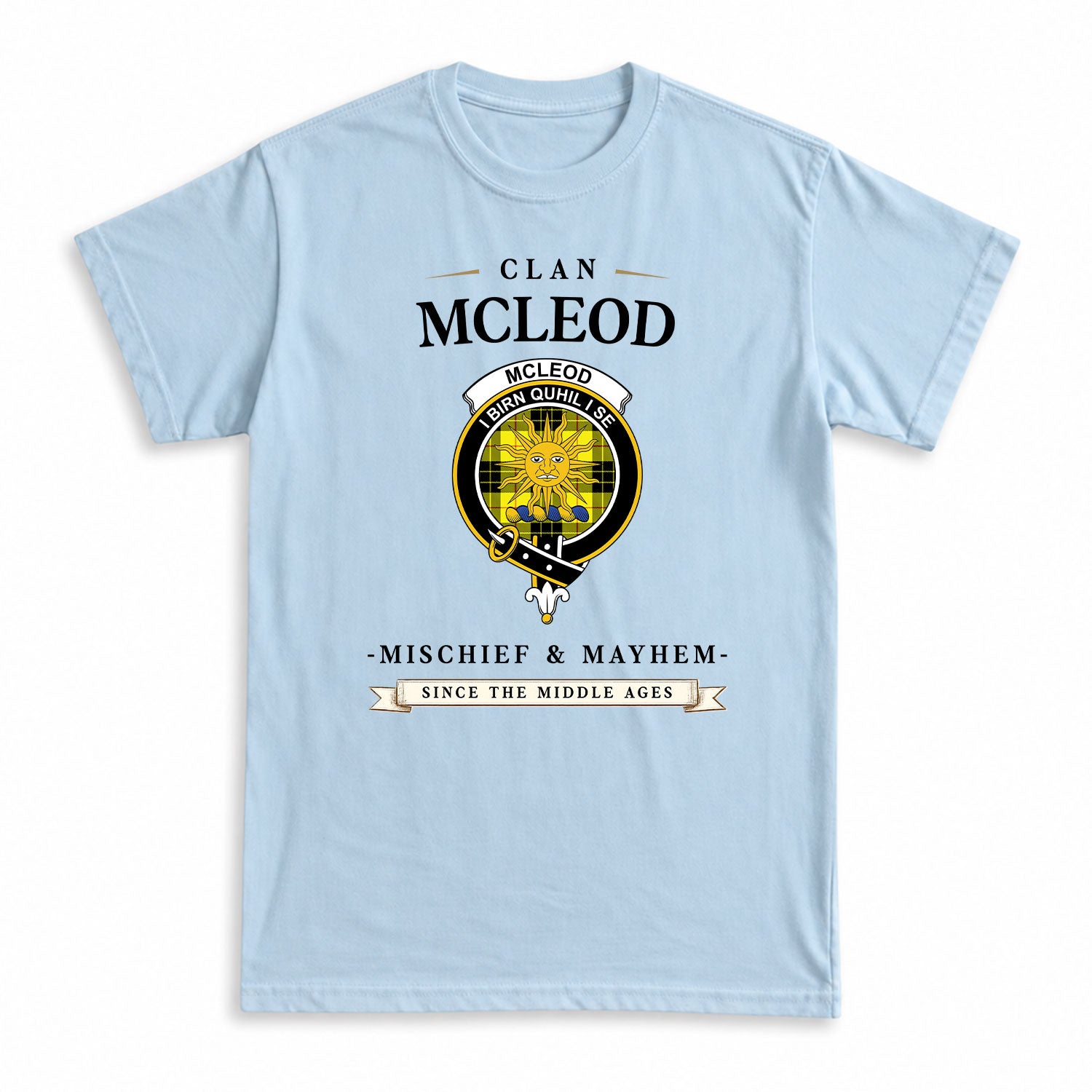 McLeod of Lewis Modern Tartan Crest Mischief and Mayhem T-shirt