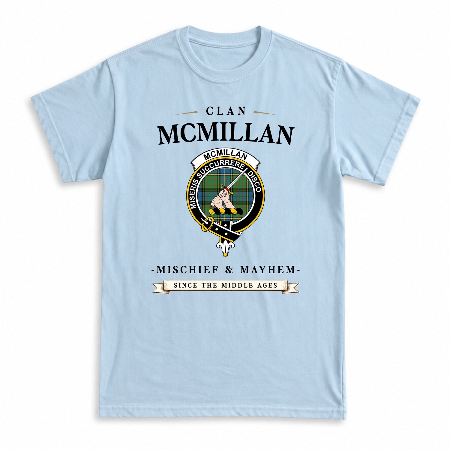 McMillan Hunting Ancient Tartan Crest Mischief and Mayhem T-shirt