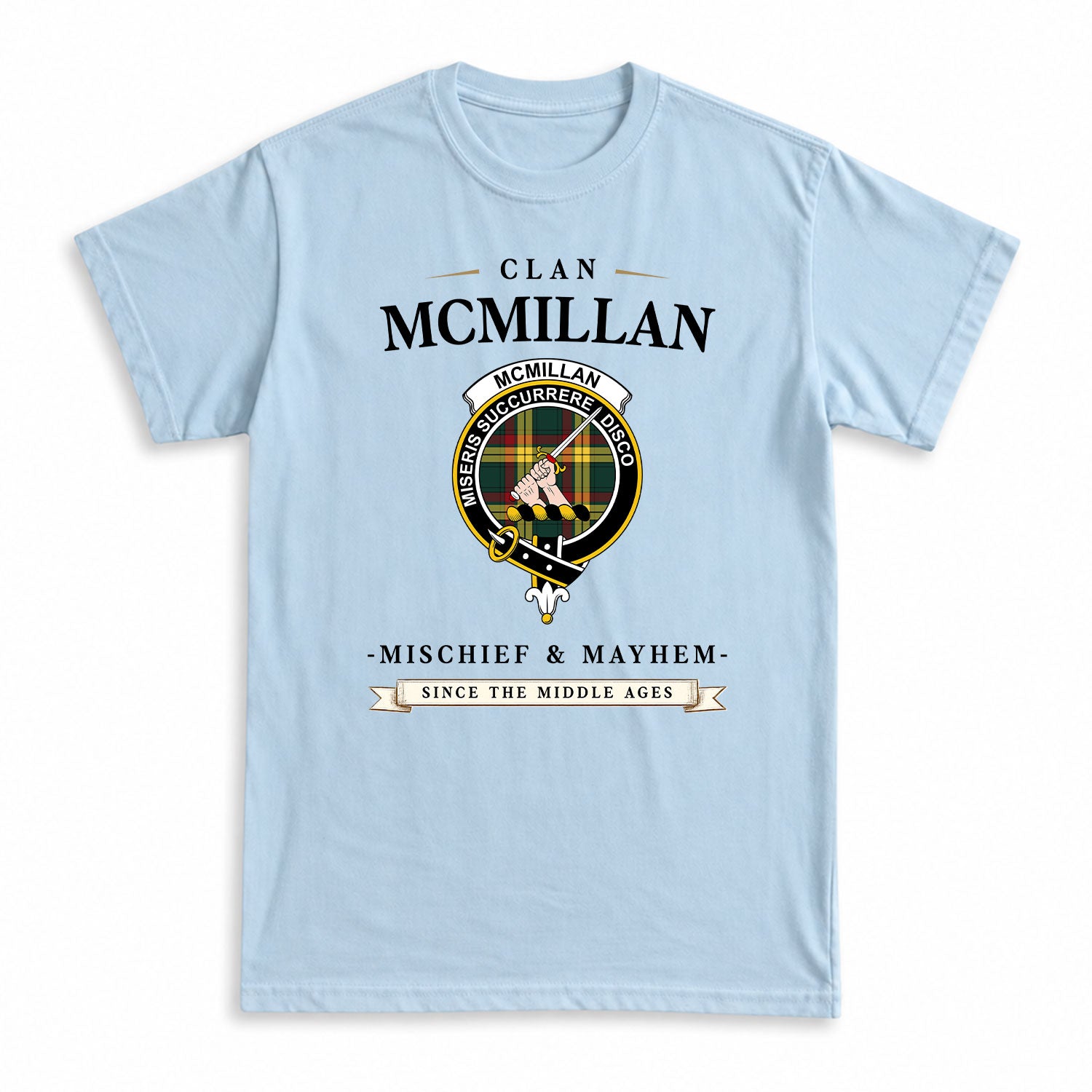 McMillan Old Modern Tartan Crest Mischief and Mayhem T-shirt