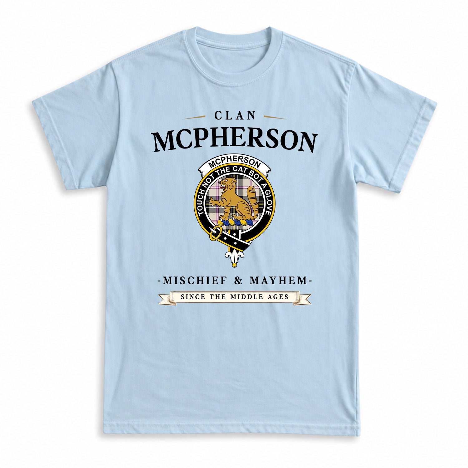 McPherson Dress Ancient Tartan Crest Mischief and Mayhem T-shirt