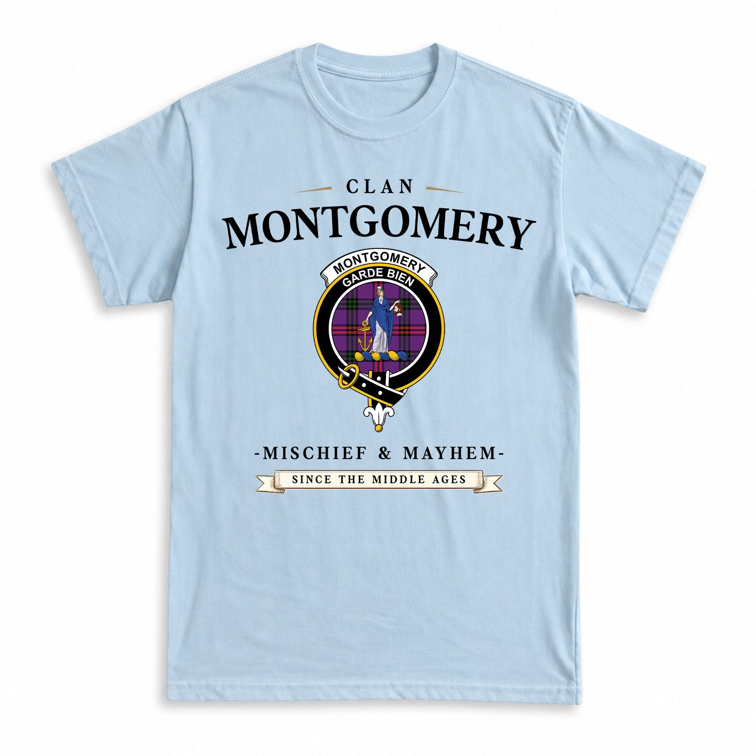 Montgomery Modern Tartan Crest Mischief and Mayhem T-shirt