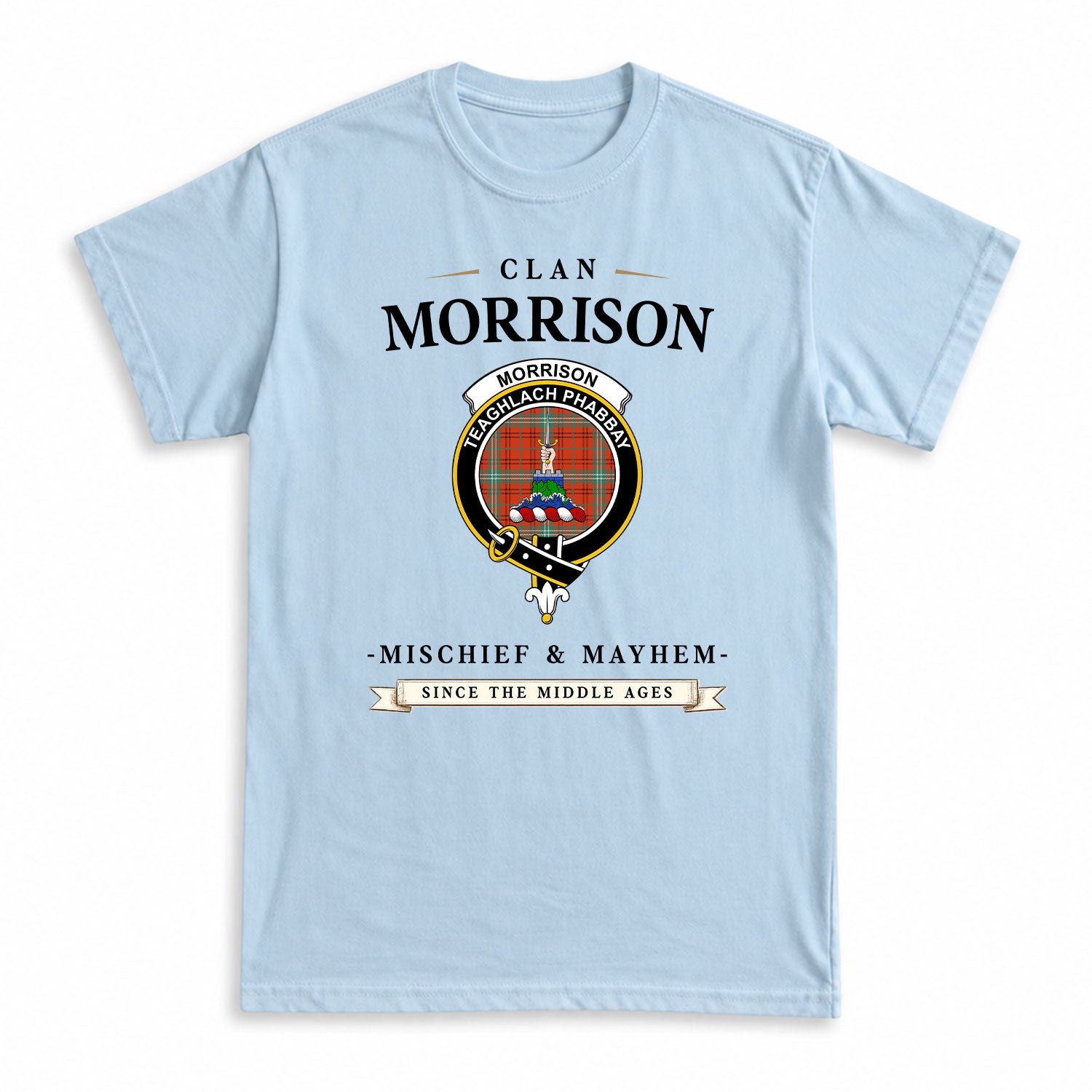 Morrison Red Ancient Tartan Crest Mischief and Mayhem T-shirt