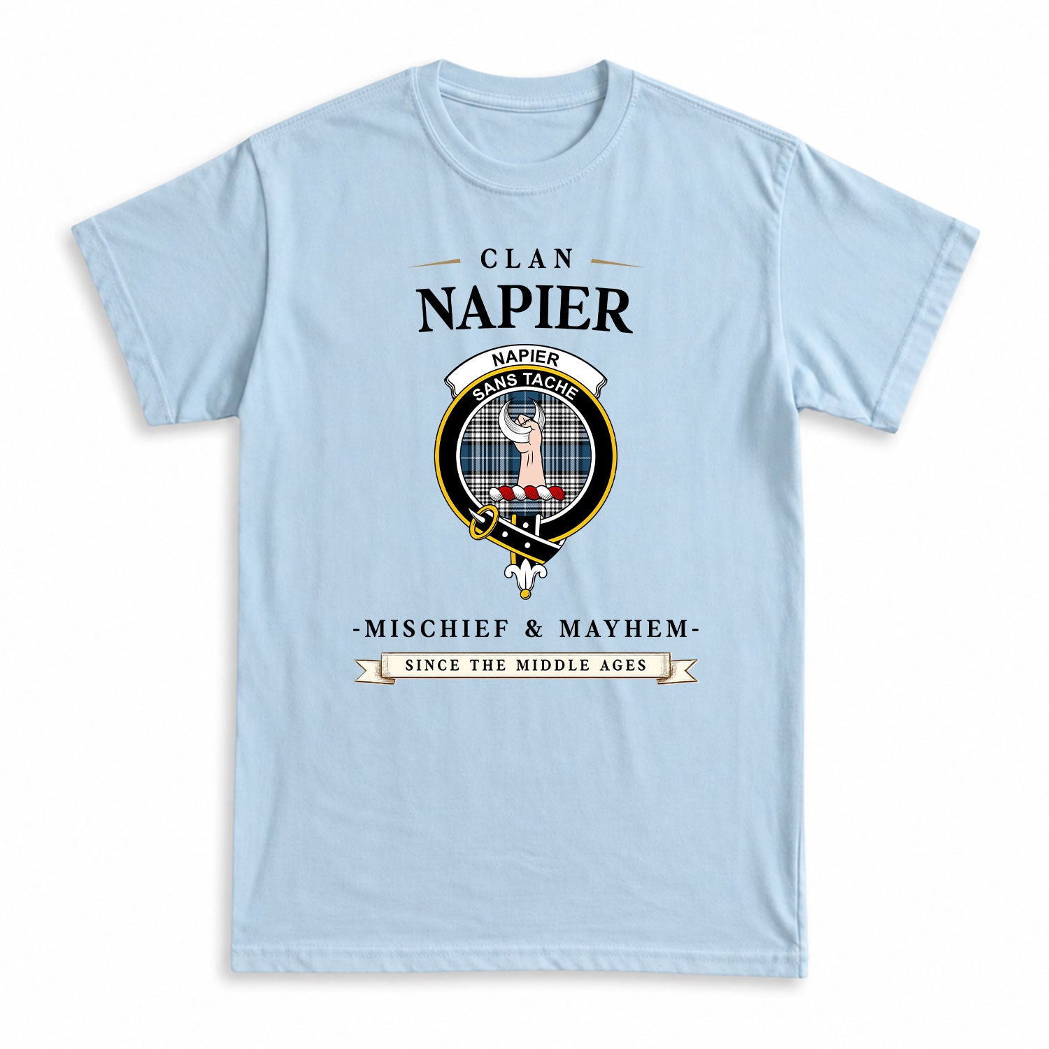 Napier Modern Tartan Crest Mischief and Mayhem T-shirt