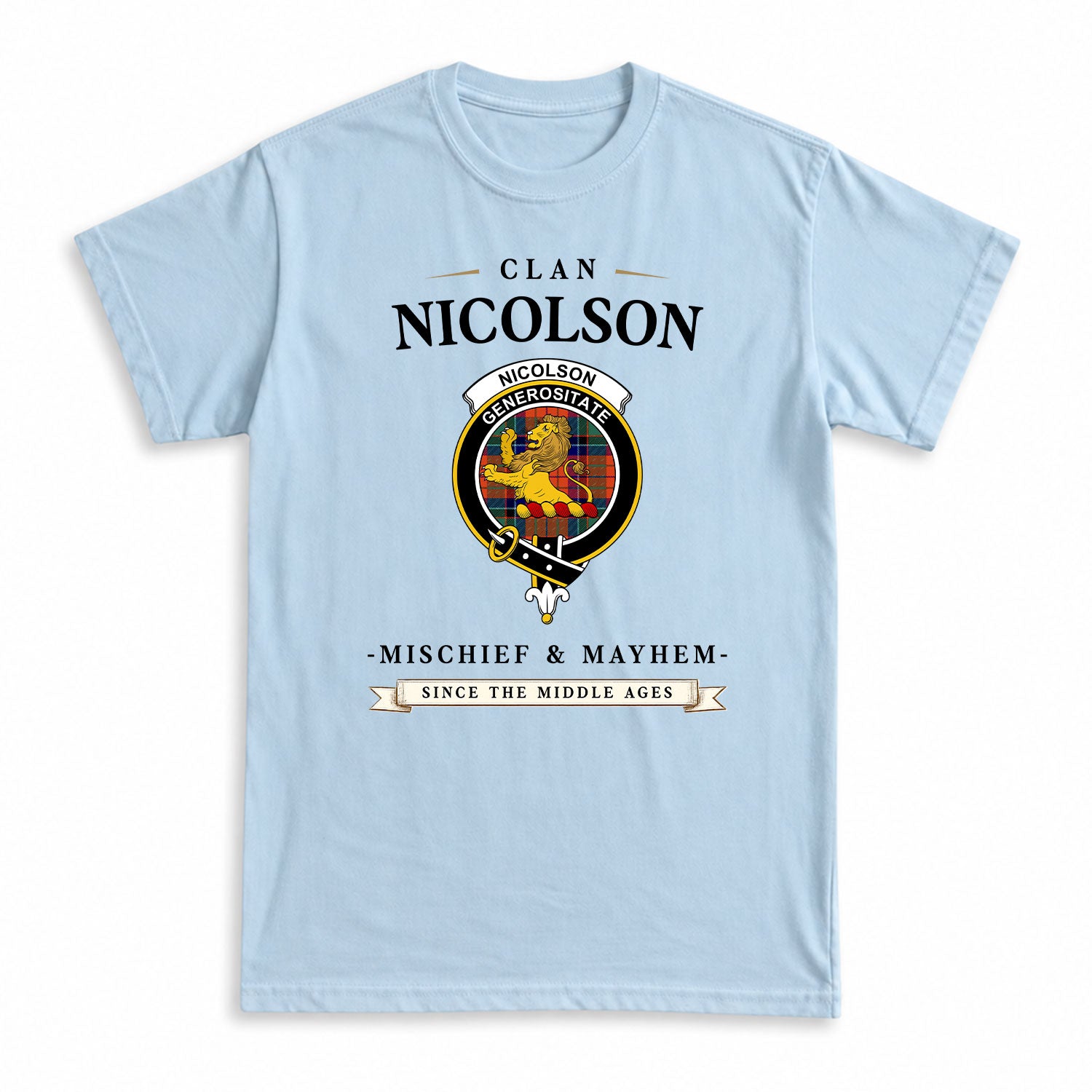 Nicolson Ancient Old Tartan Crest Mischief and Mayhem T-shirt
