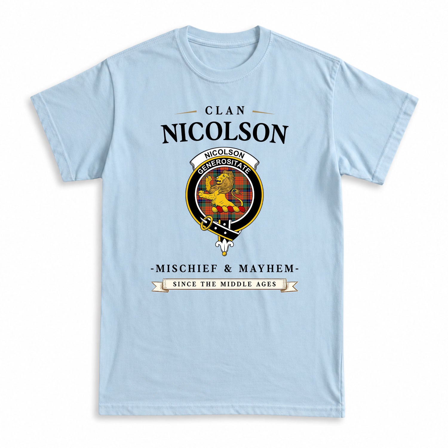 Nicolson Ancient Tartan Crest Mischief and Mayhem T-shirt
