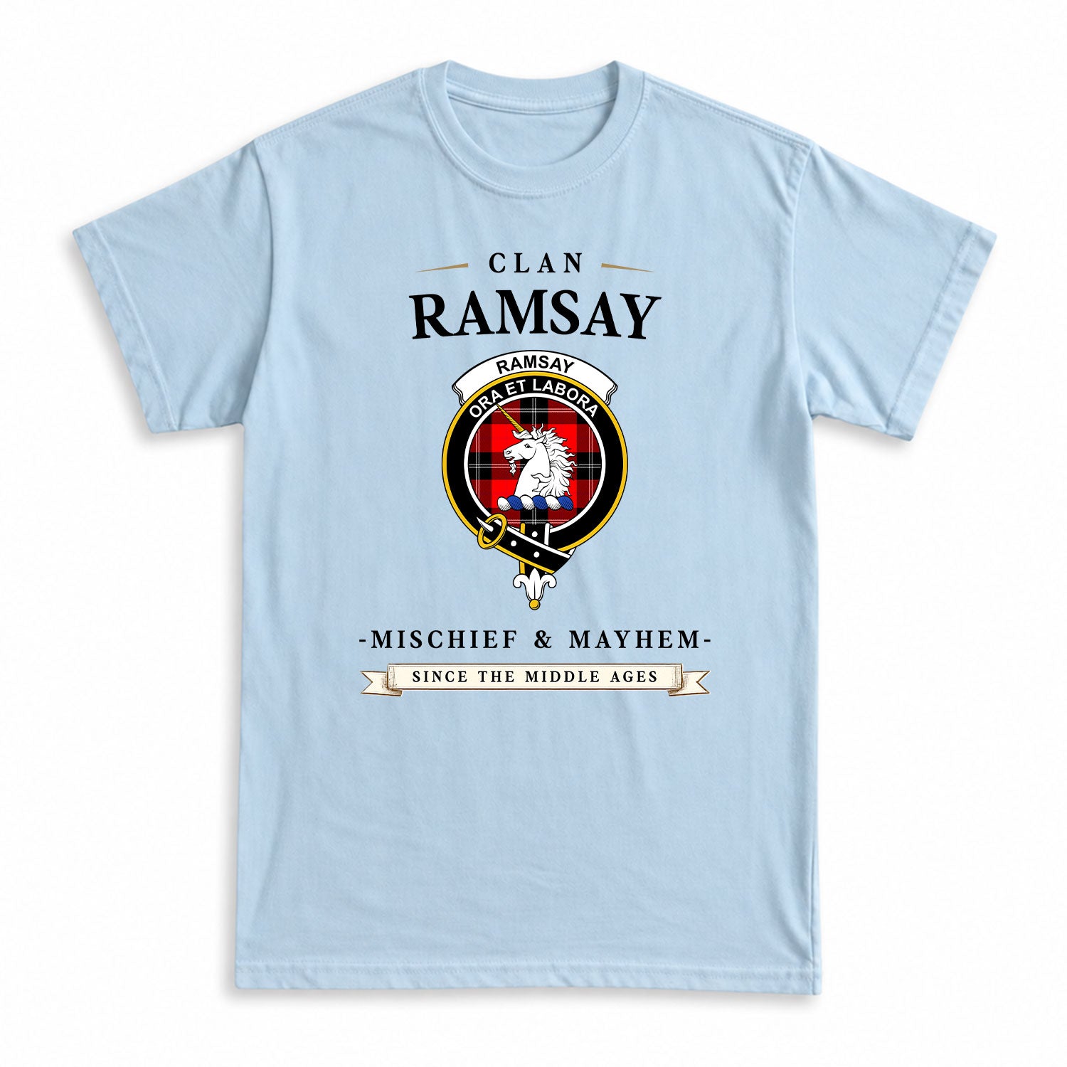Ramsay Modern Tartan Crest Mischief and Mayhem T-shirt