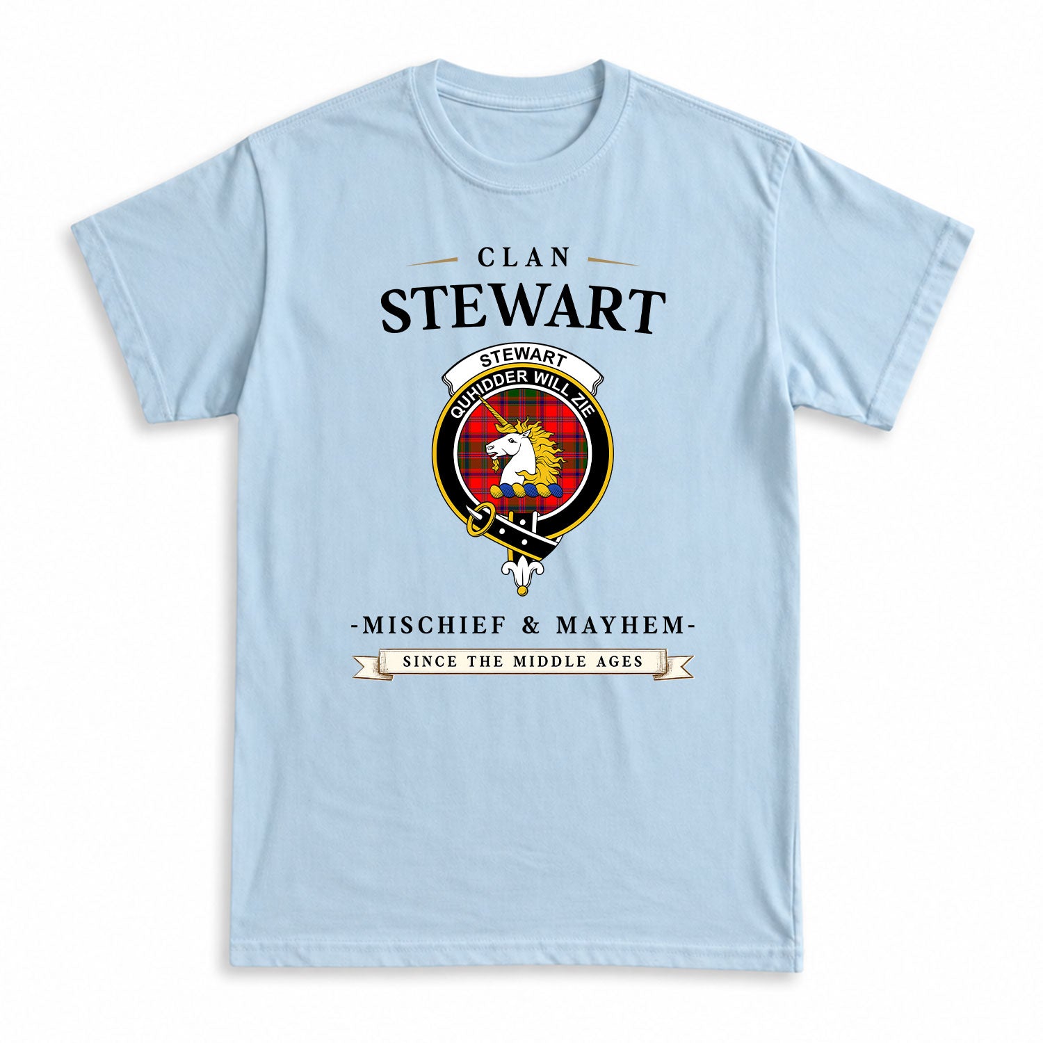 Stewart of Appin Modern Tartan Crest Mischief and Mayhem T-shirt