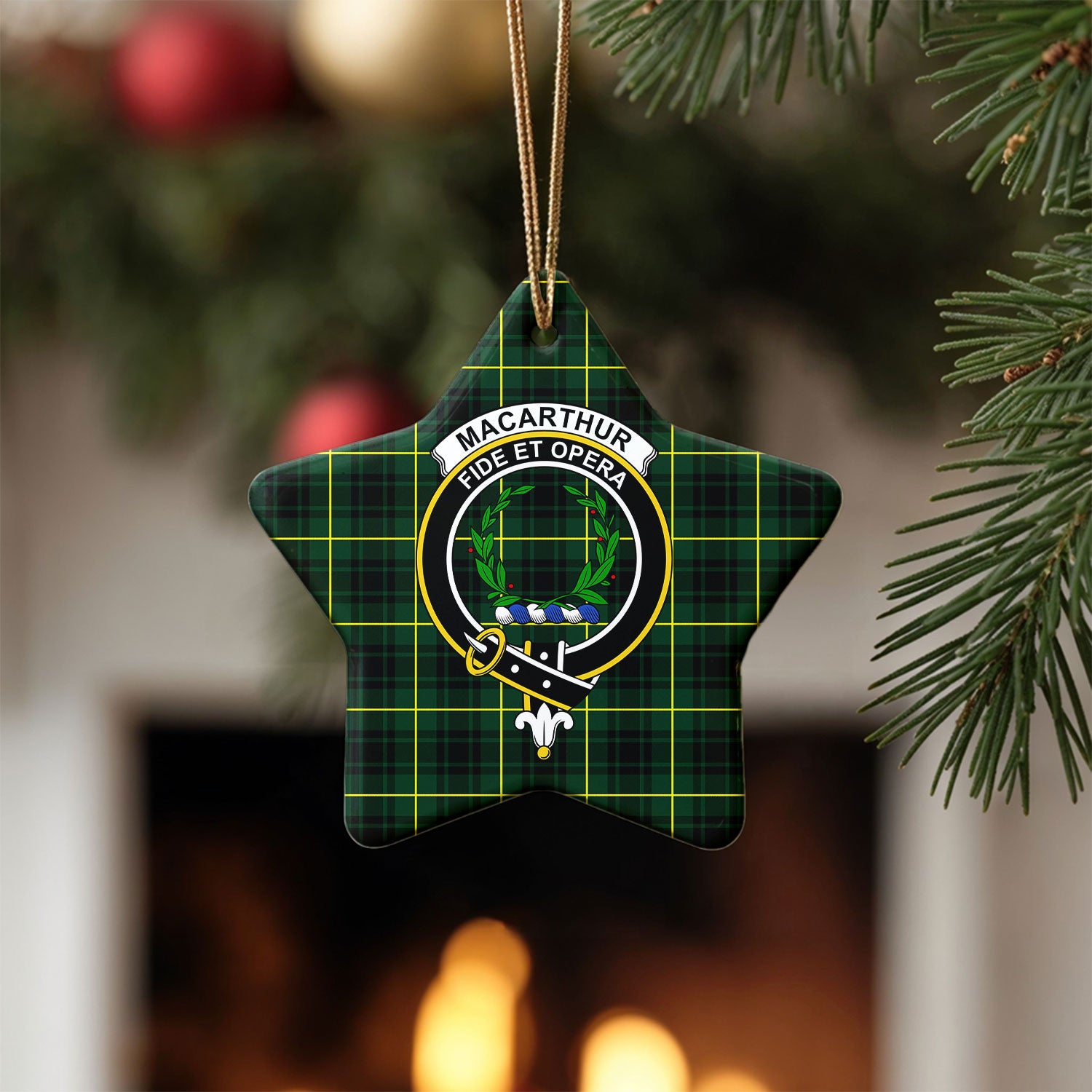 MacArthur Modern Tartan Crest Christmas Ceramic Ornament