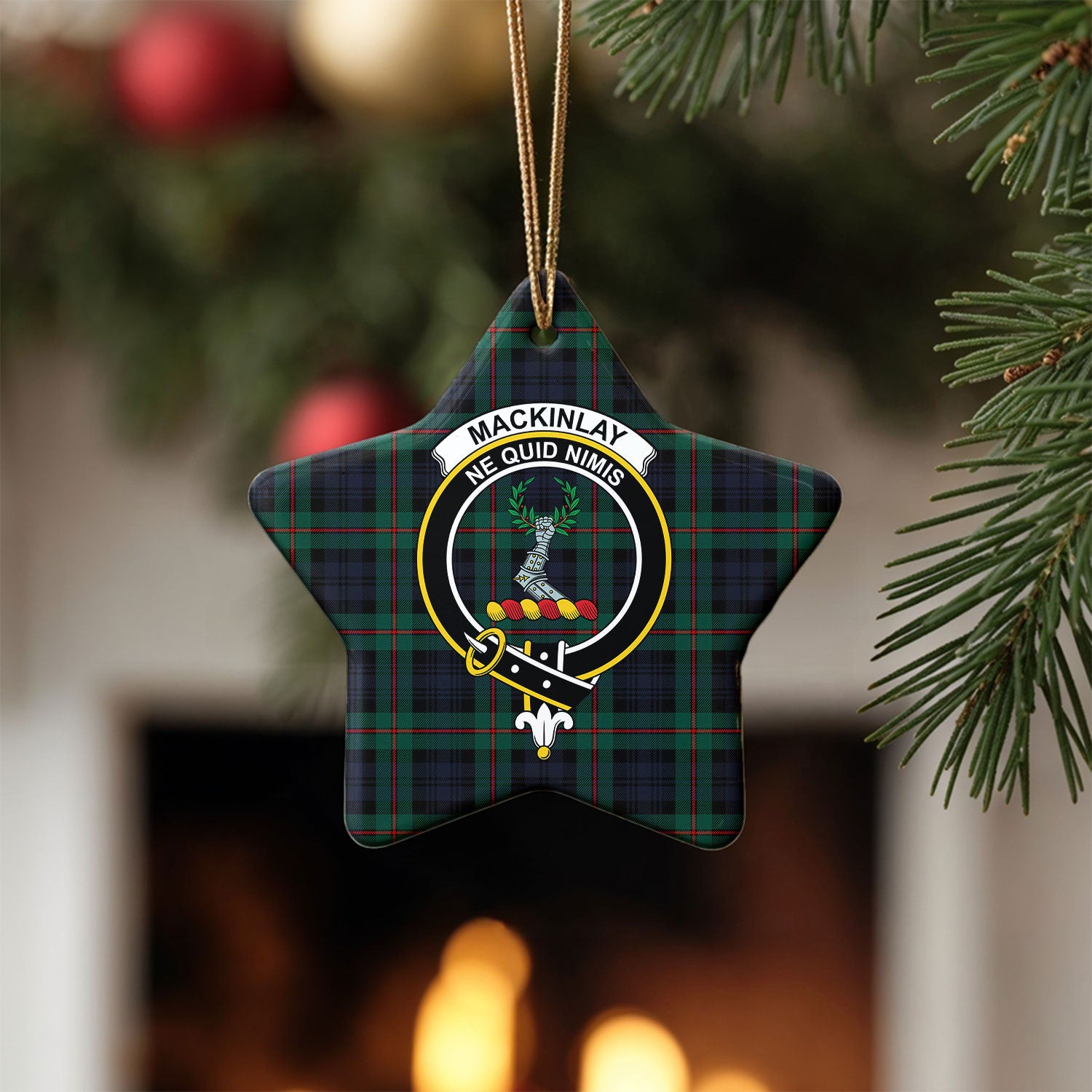 MacKinlay Modern Tartan Crest Christmas Ceramic Ornament