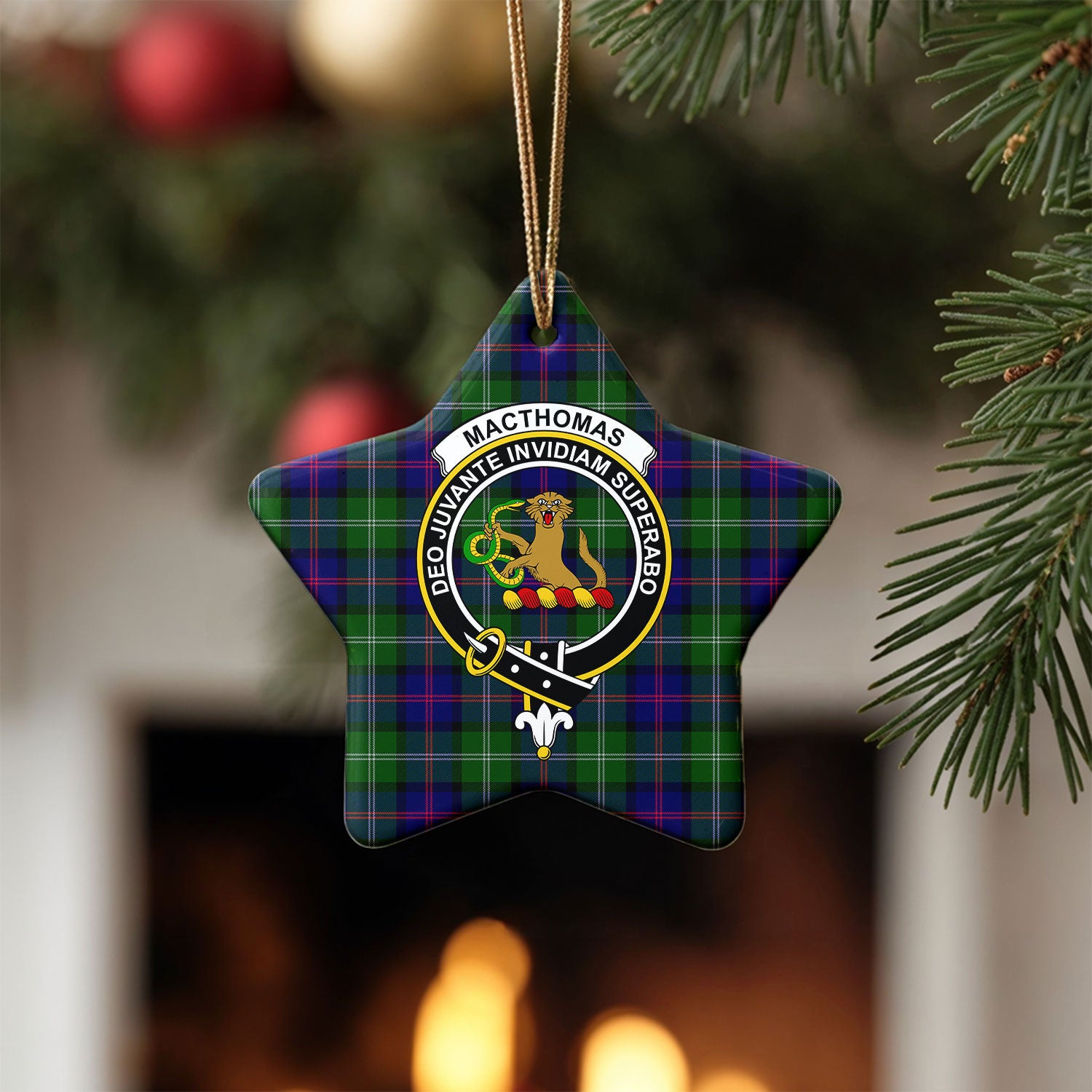 MacThomas Modern Tartan Crest Christmas Ceramic Ornament