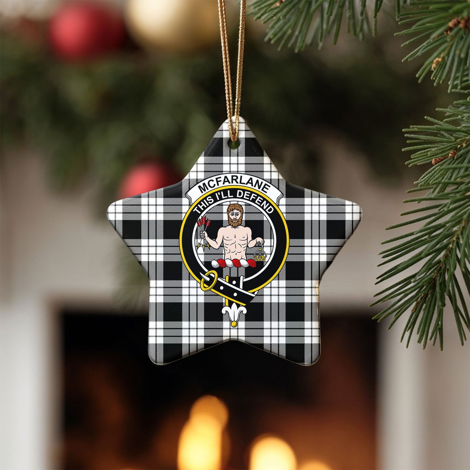 McFarlane Black - White Tartan Crest Christmas Ceramic Ornament