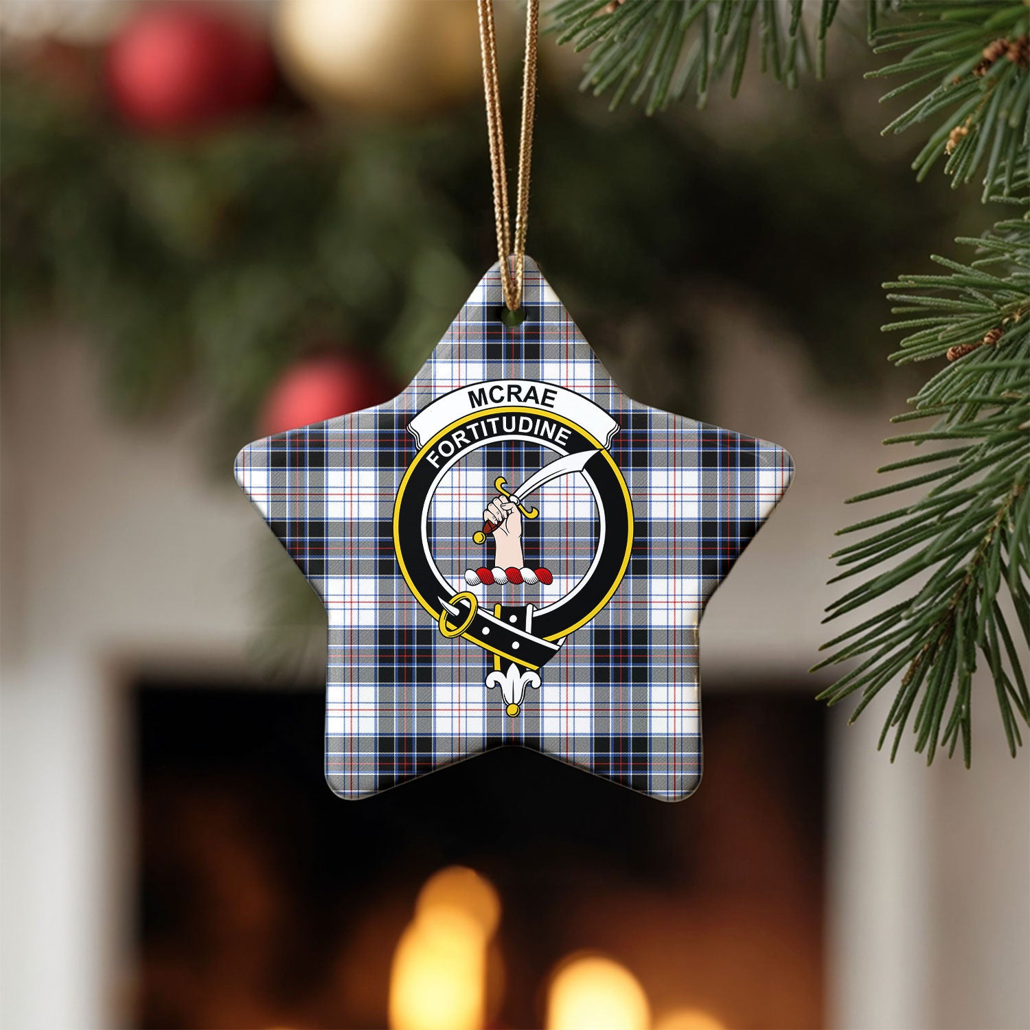 McRae Dress Modern Tartan Crest Christmas Ceramic Ornament