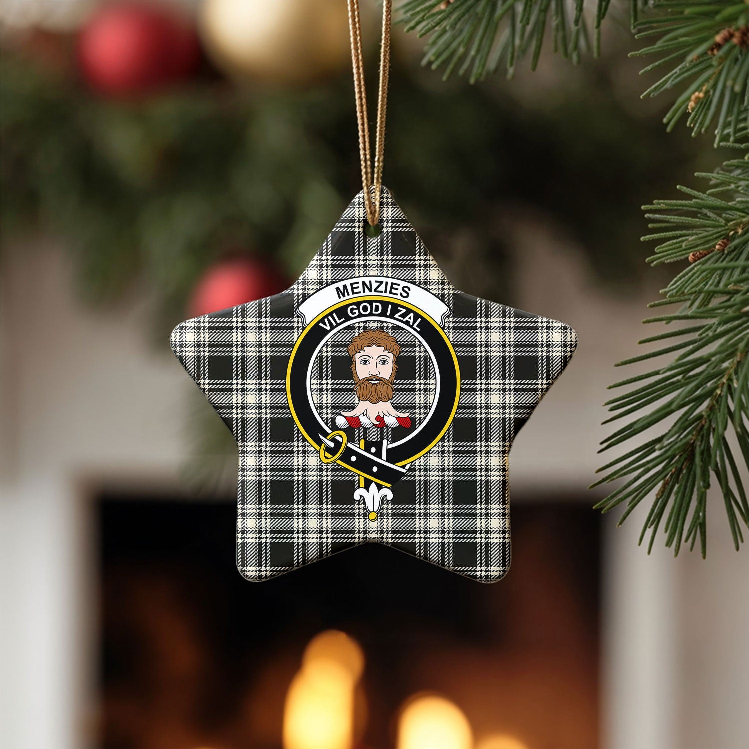 Menzies Black - White Ancient Tartan Crest Christmas Ceramic Ornament