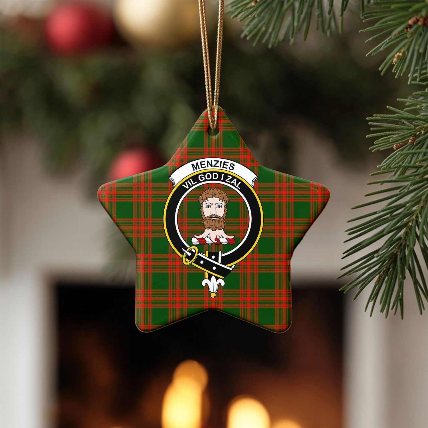 Menzies Green Modern Tartan Crest Christmas Ceramic Ornament