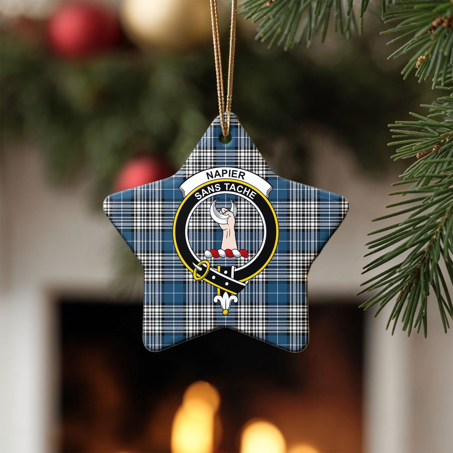 Napier Modern Tartan Crest Christmas Ceramic Ornament