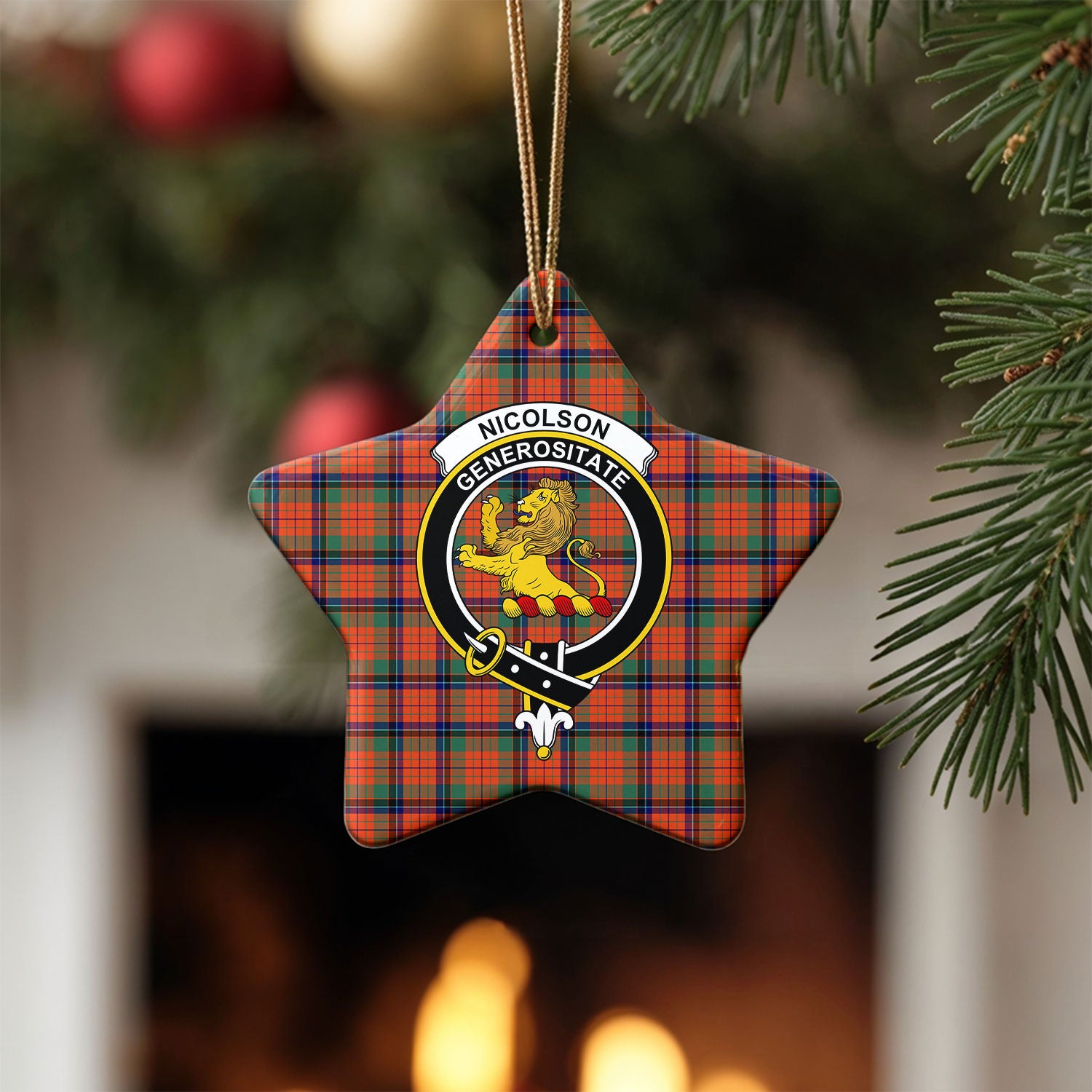 Nicolson Ancient Tartan Crest Christmas Ceramic Ornament