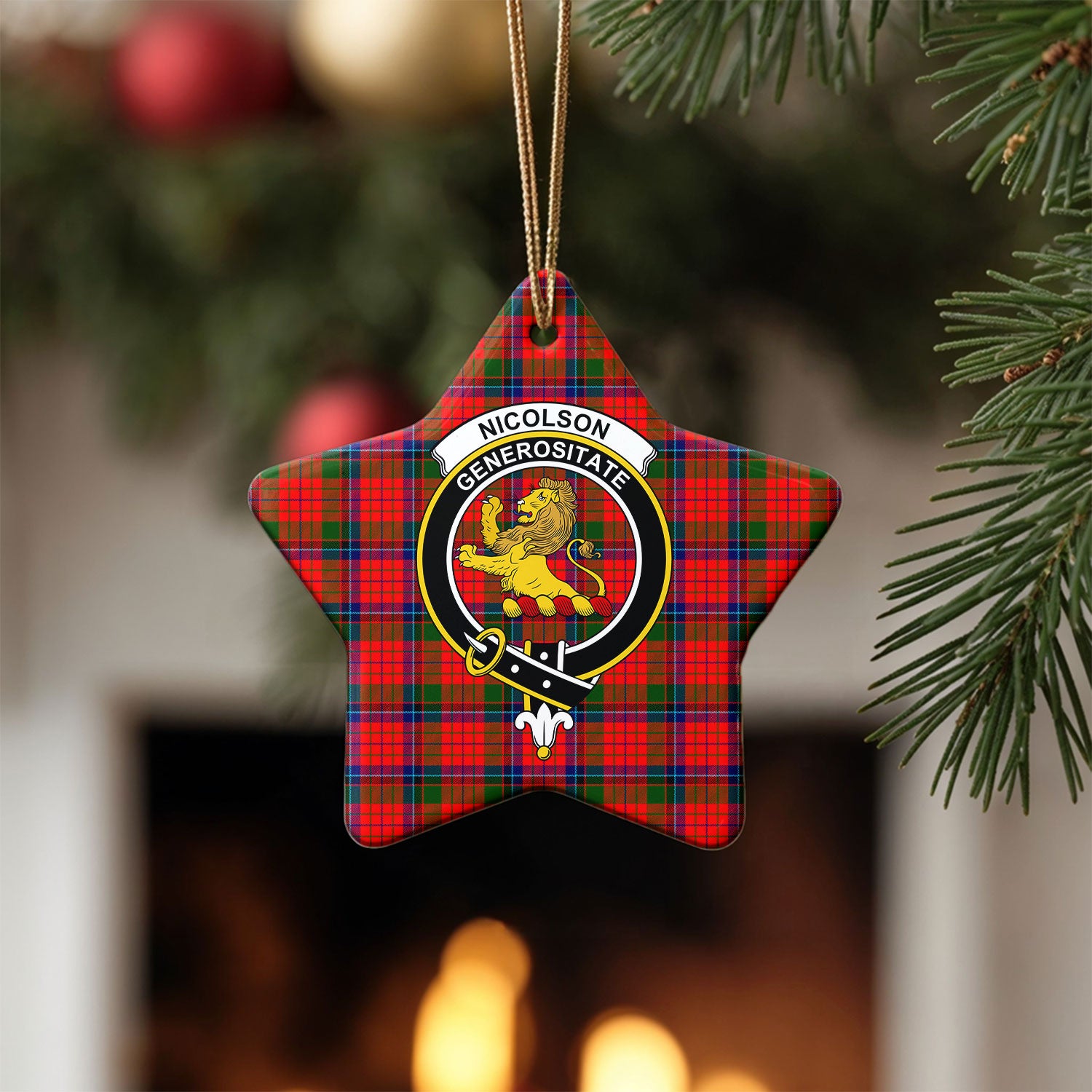 Nicolson Modern Tartan Crest Christmas Ceramic Ornament