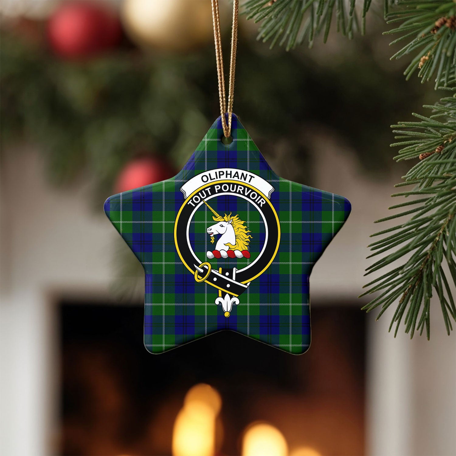 Oliphant Modern Tartan Crest Christmas Ceramic Ornament