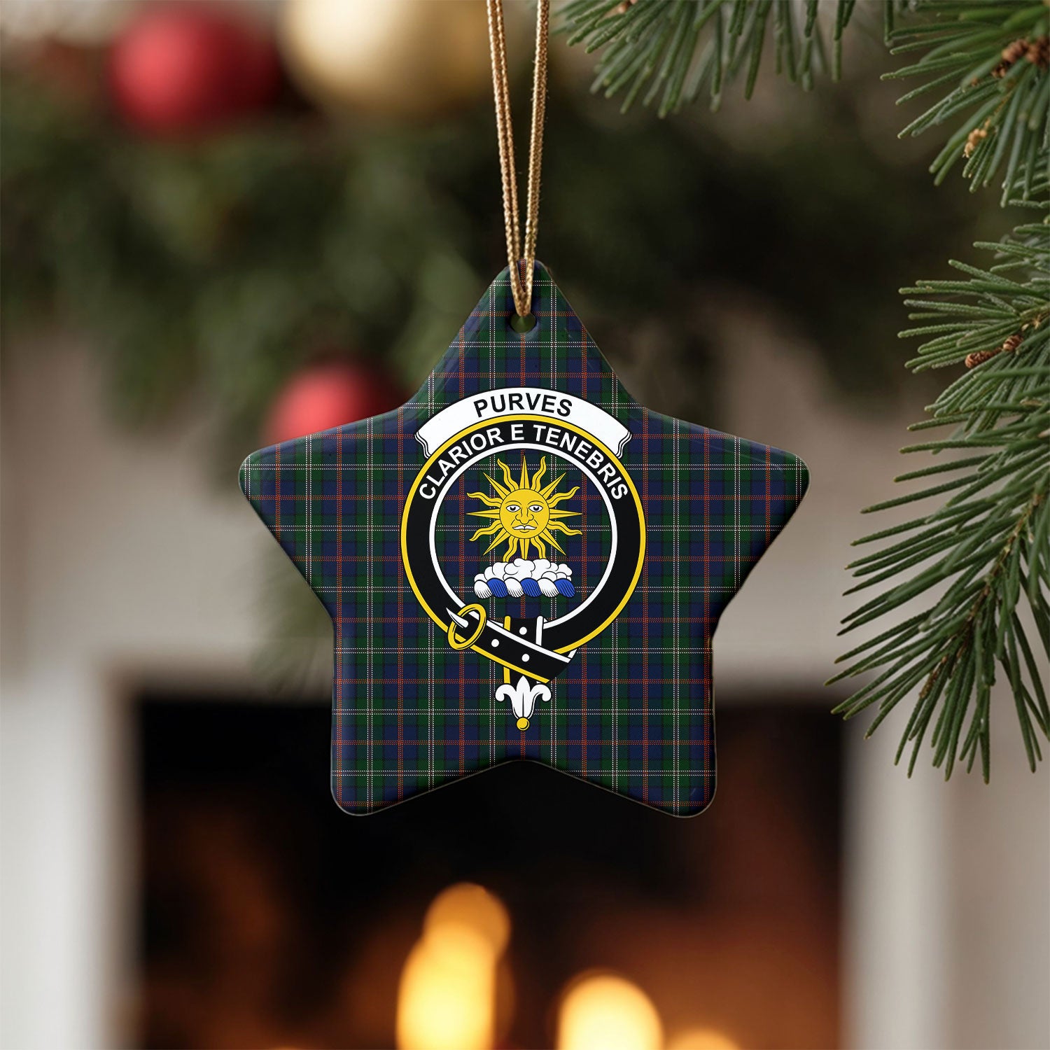 Purves Tartan Crest Christmas Ceramic Ornament