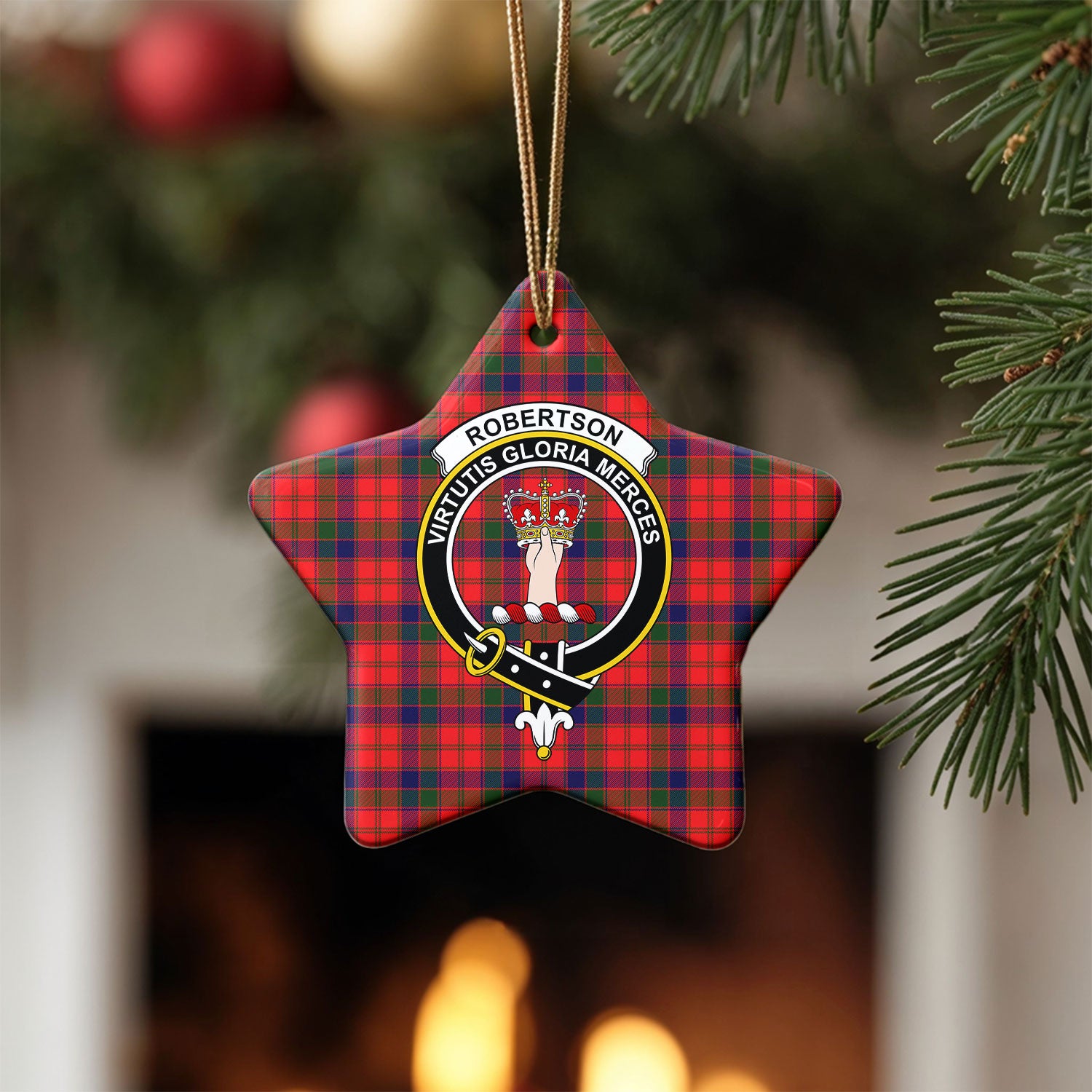 Robertson Modern Tartan Crest Christmas Ceramic Ornament