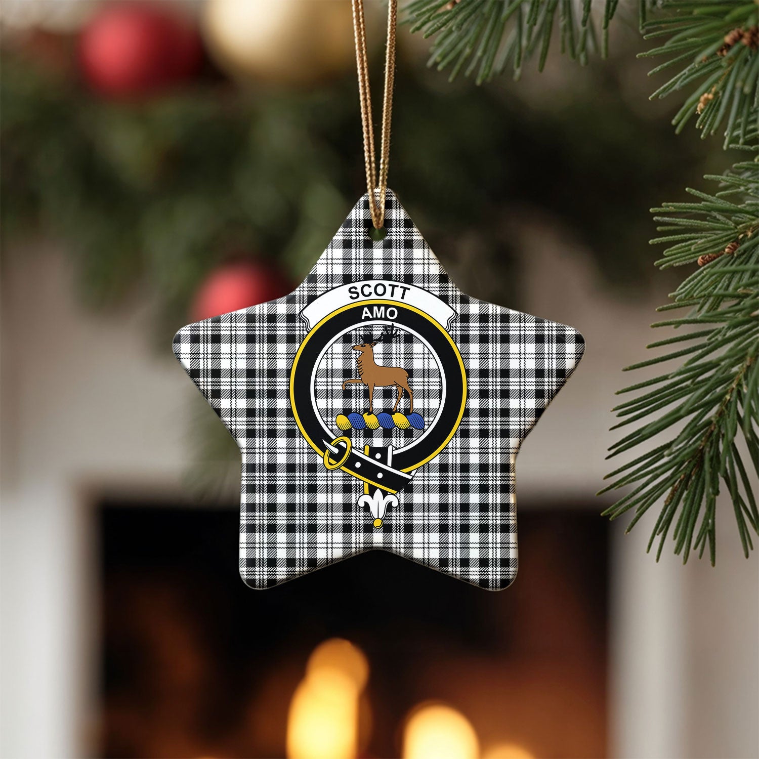 Scott Black & White Modern Tartan Crest Christmas Ceramic Ornament
